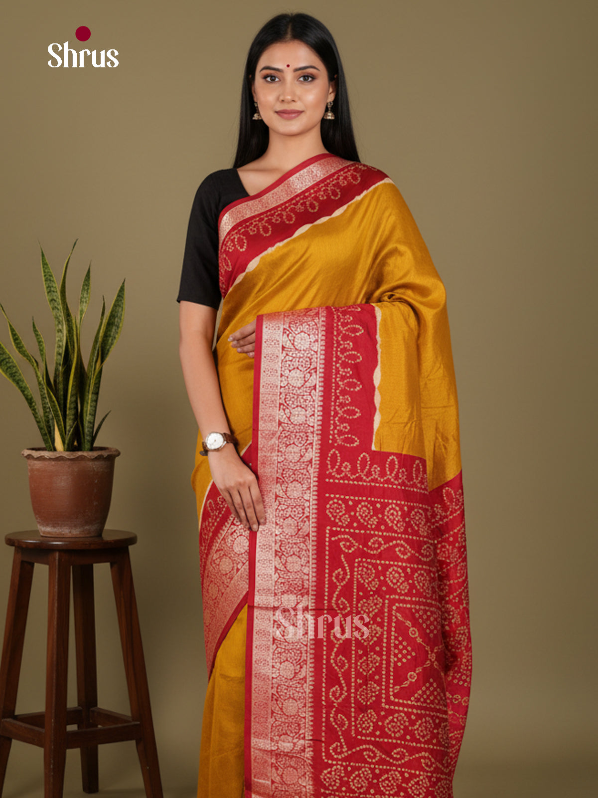 Mustard & Red - Bandhini Saree