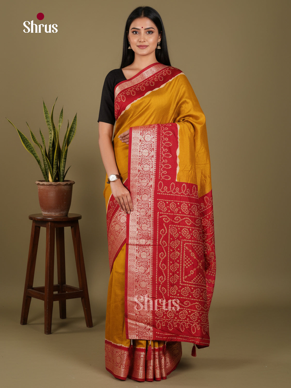 Mustard & Red - Bandhini Saree