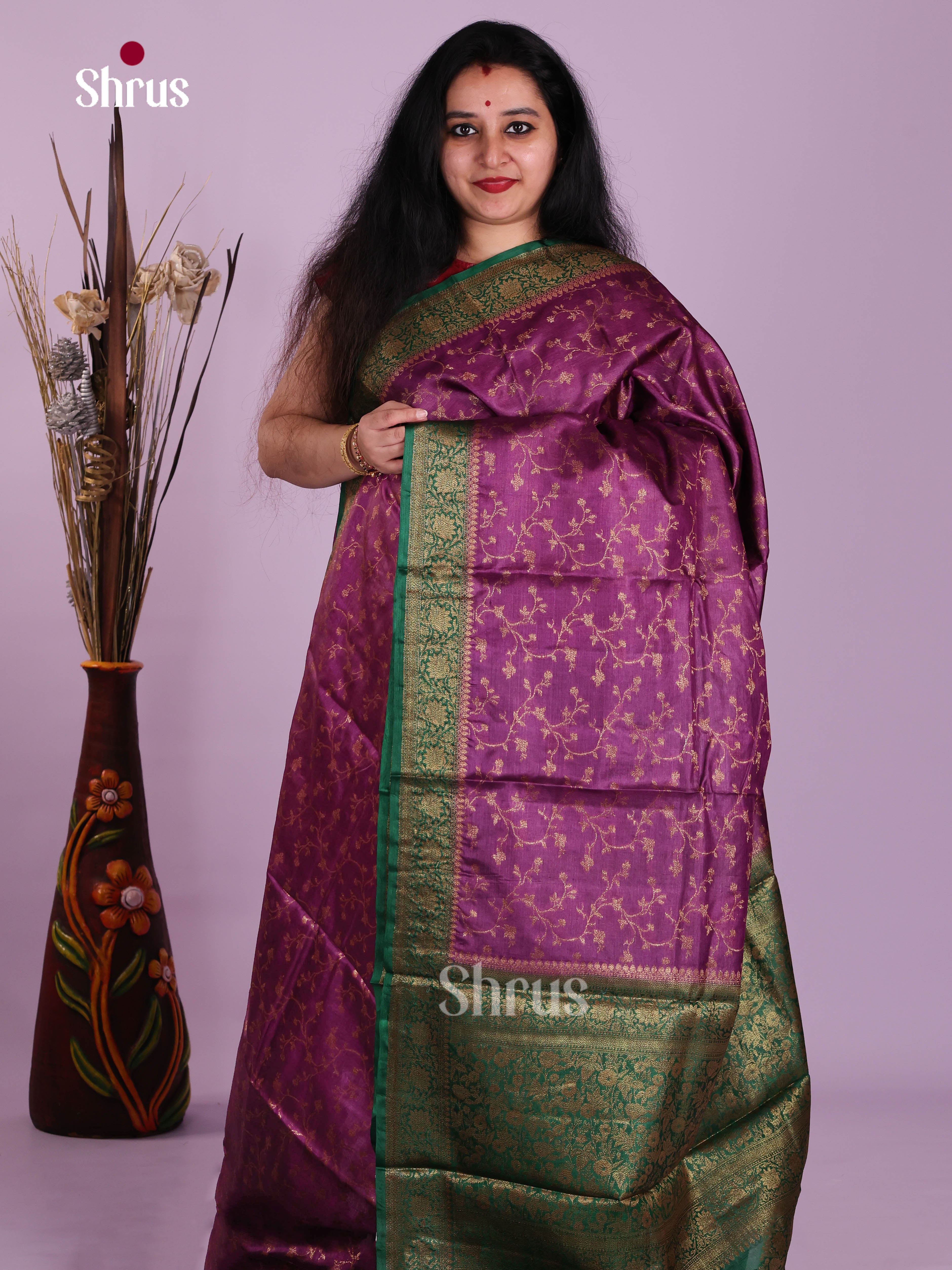 Exquisite Dark Purple Tussar Saree With Zari Woven Floral Vines & Green Border
