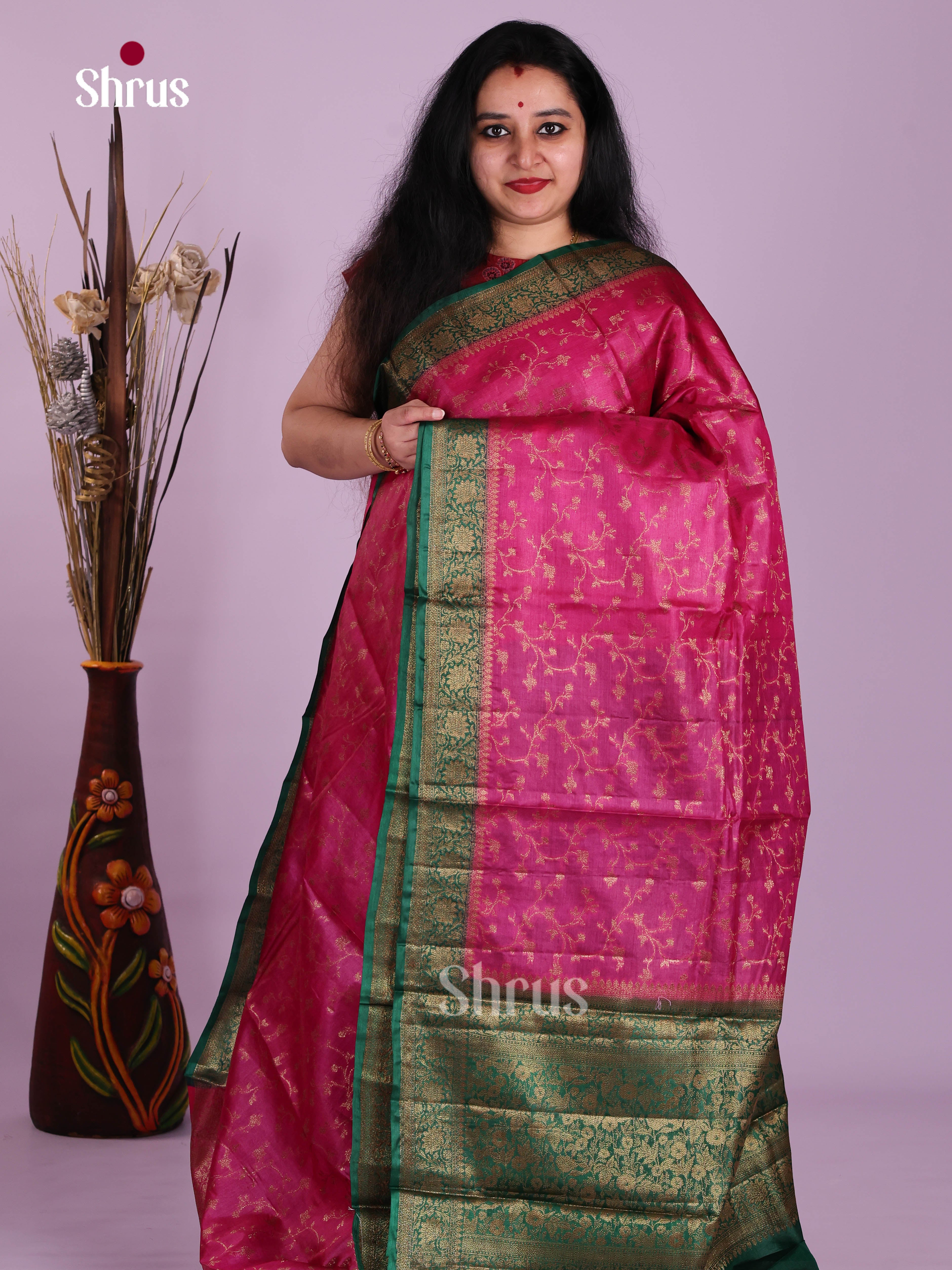 Vibrant Pink Tussar Saree With Zari Woven Floral Vines & Green Border