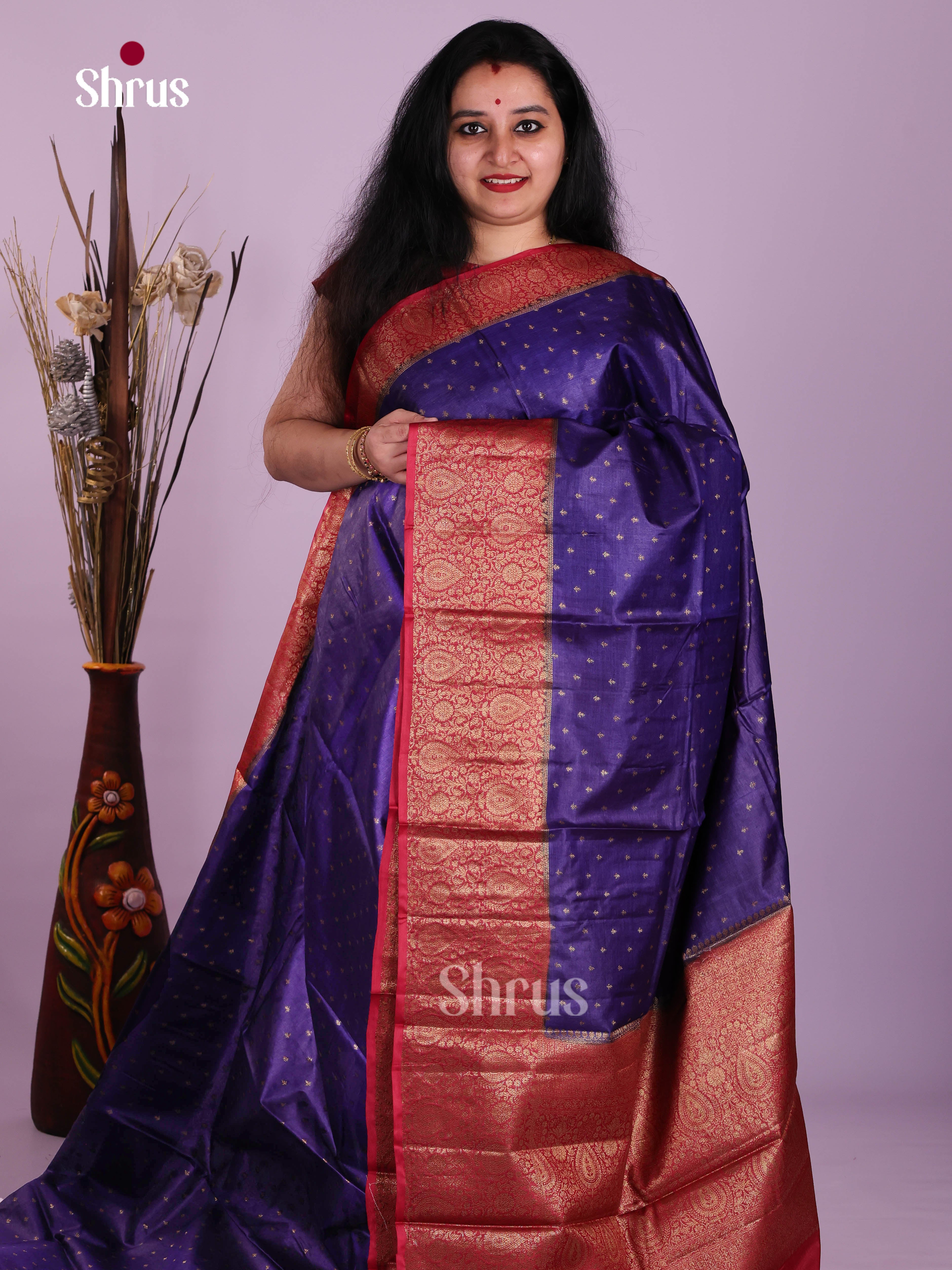 Classic Blue Tussar Saree With Zari Buttas & Red Border