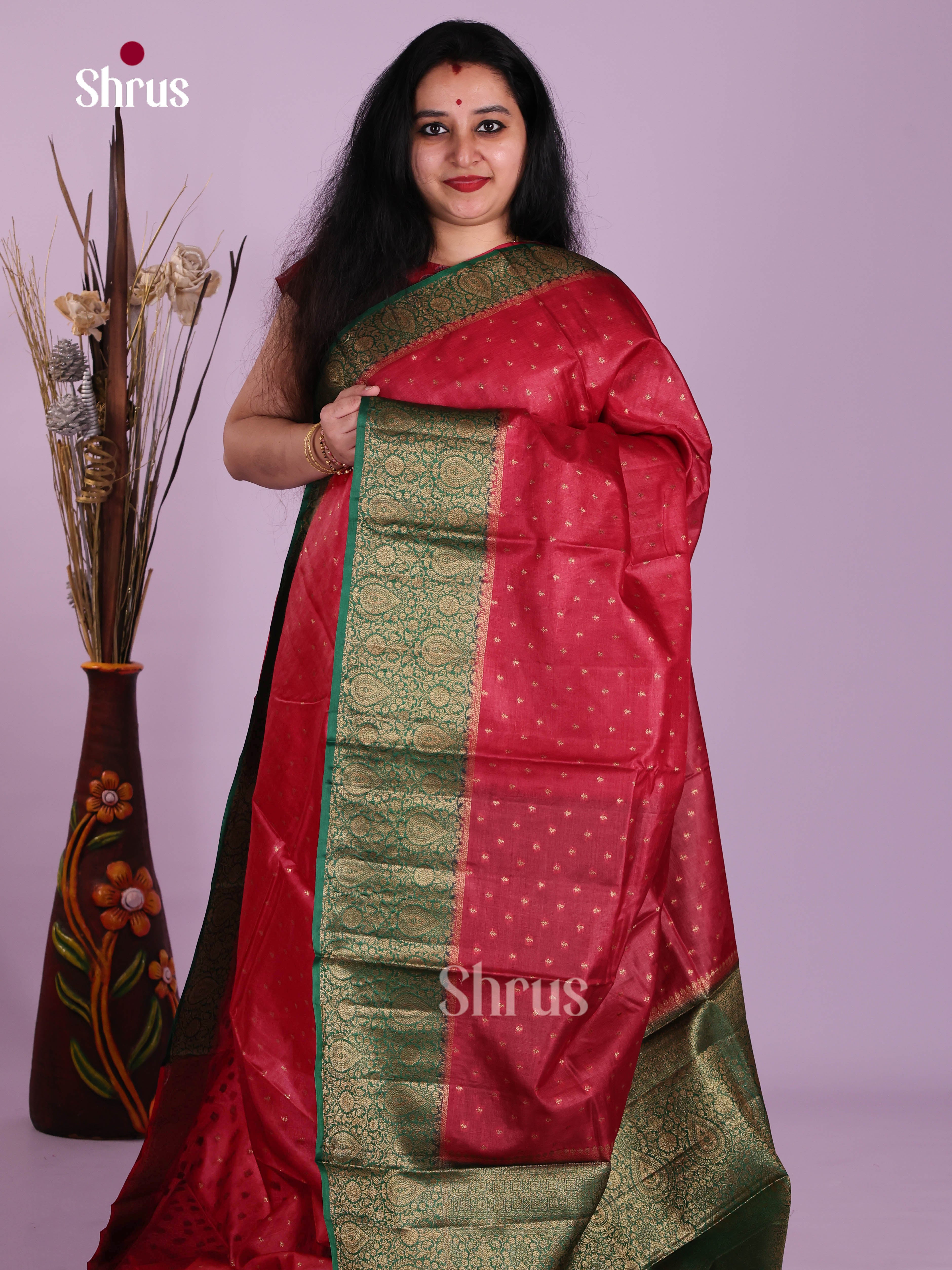 Traditional Red Tussar Saree With Floral Buttas & Green Zari Border