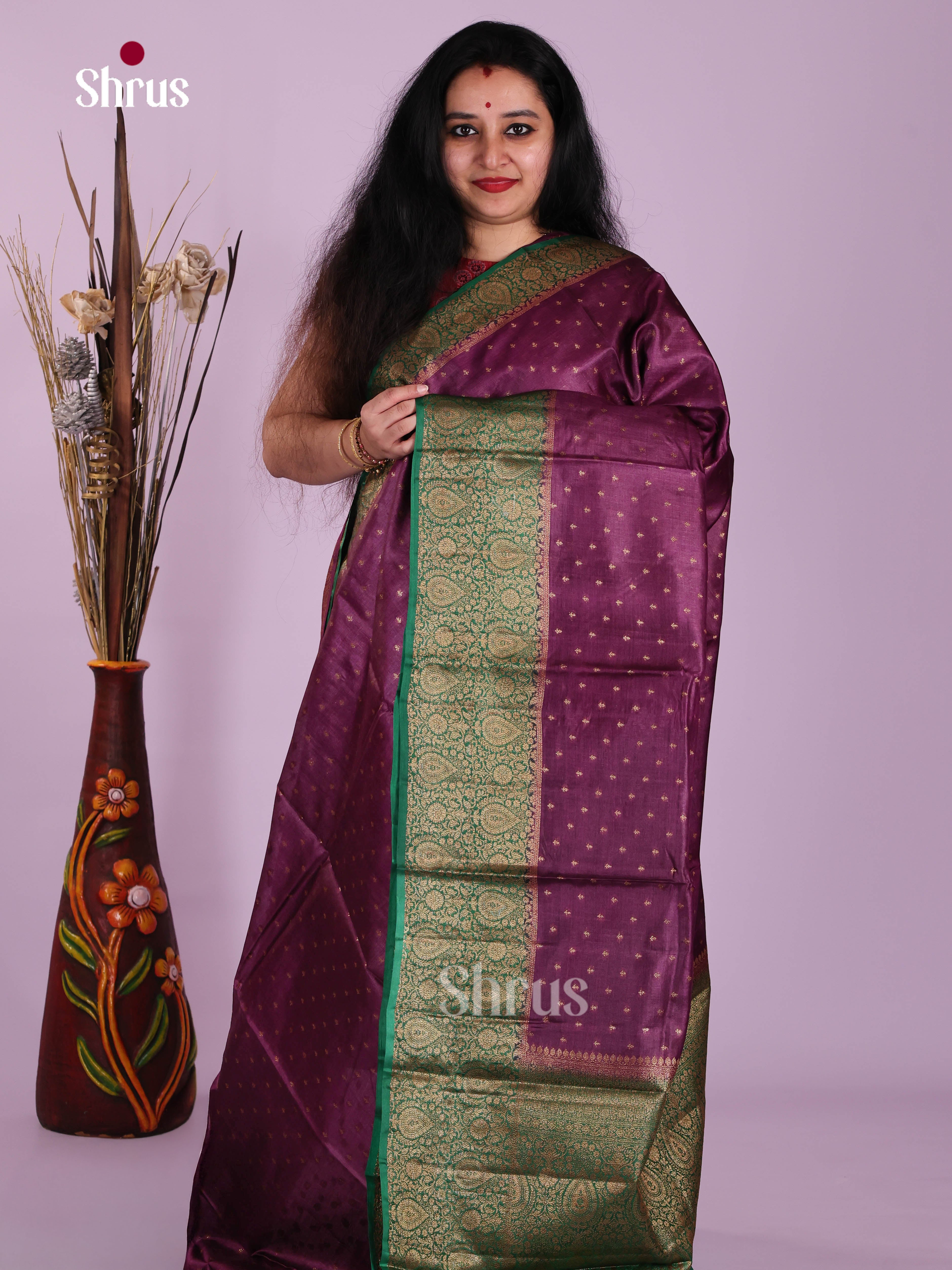 Opulent Purple Tussar Saree With Floral Buttas & Green Border
