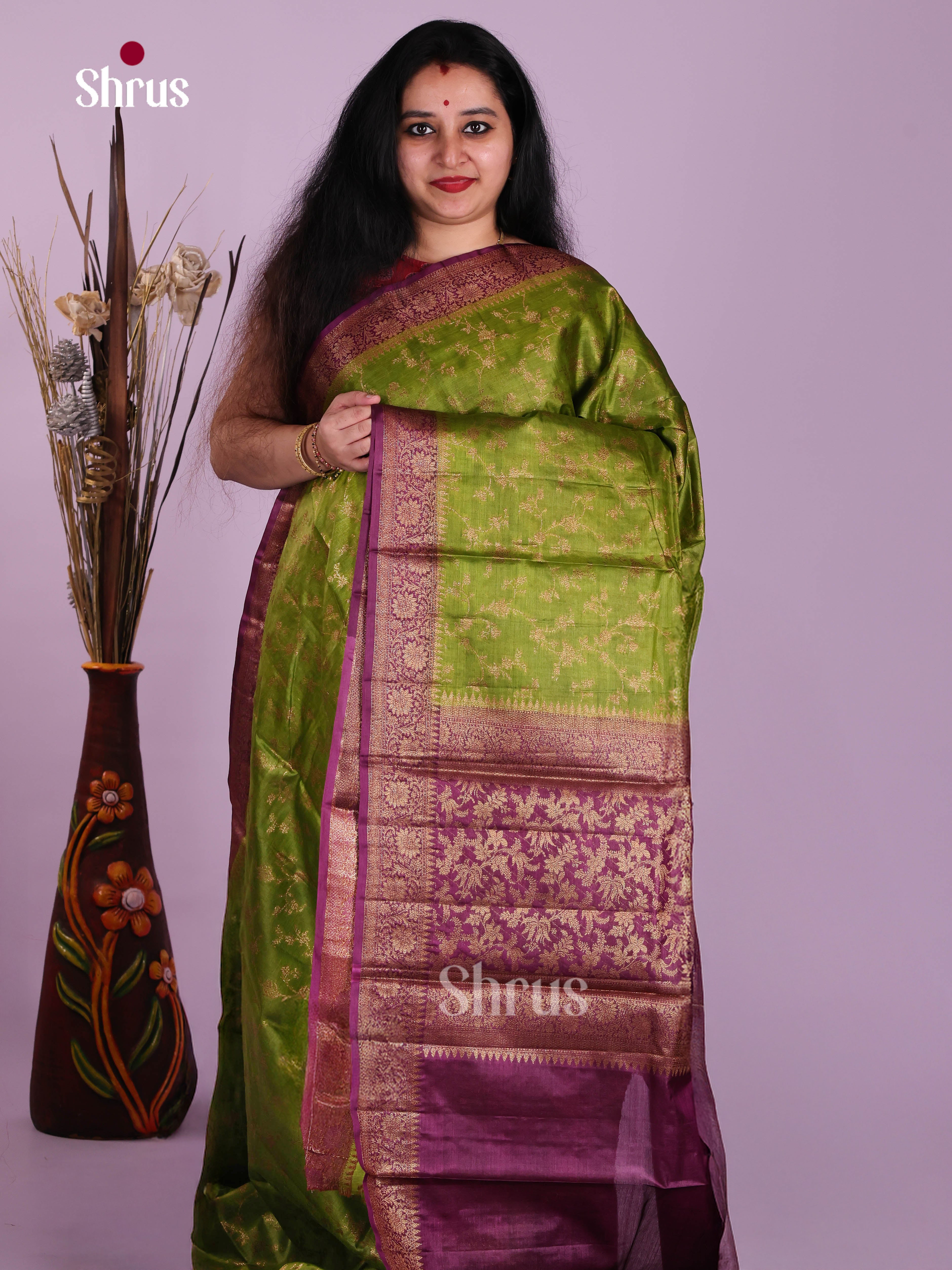 Luxurious Lime Green Handloom Tussar Saree With Purple Border - Shop on Shrus.com