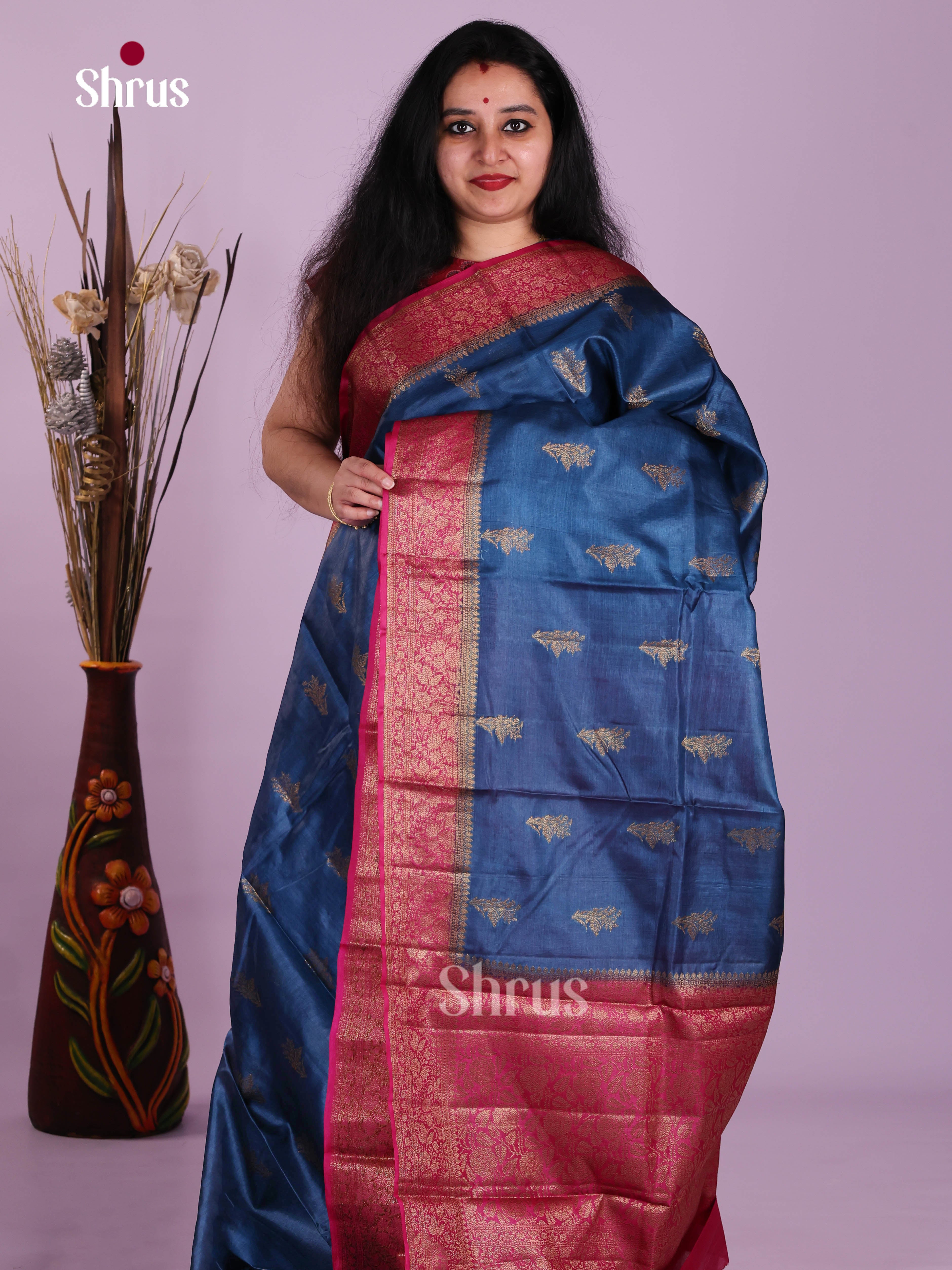 Magnificent Blue Handloom Tussar Saree With Golden Motifs & Pink Pallu