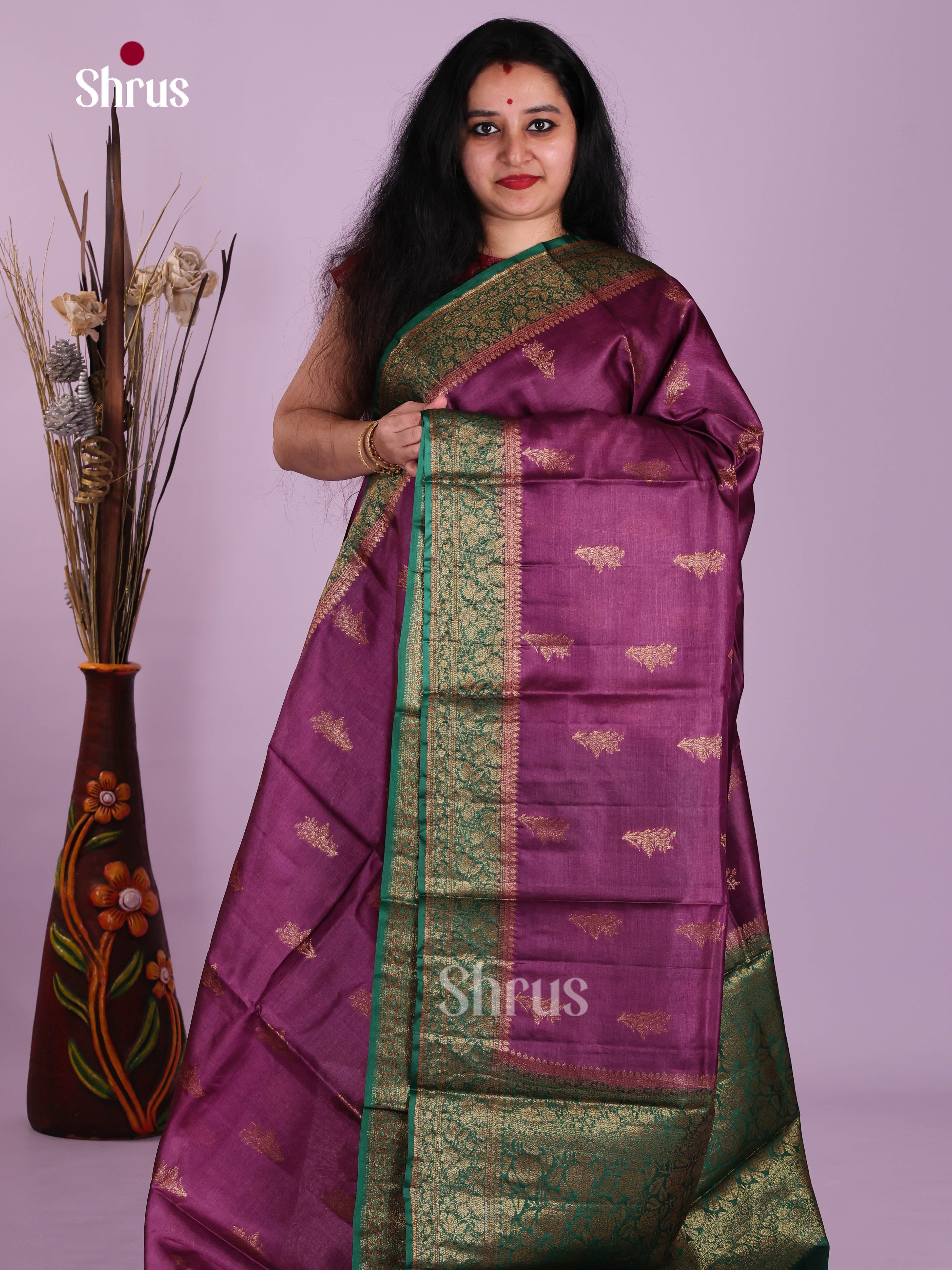 Regal Purple Handloom Tussar Silk Saree With Golden Motifs & Green Pallu - Shop on Shrus.com