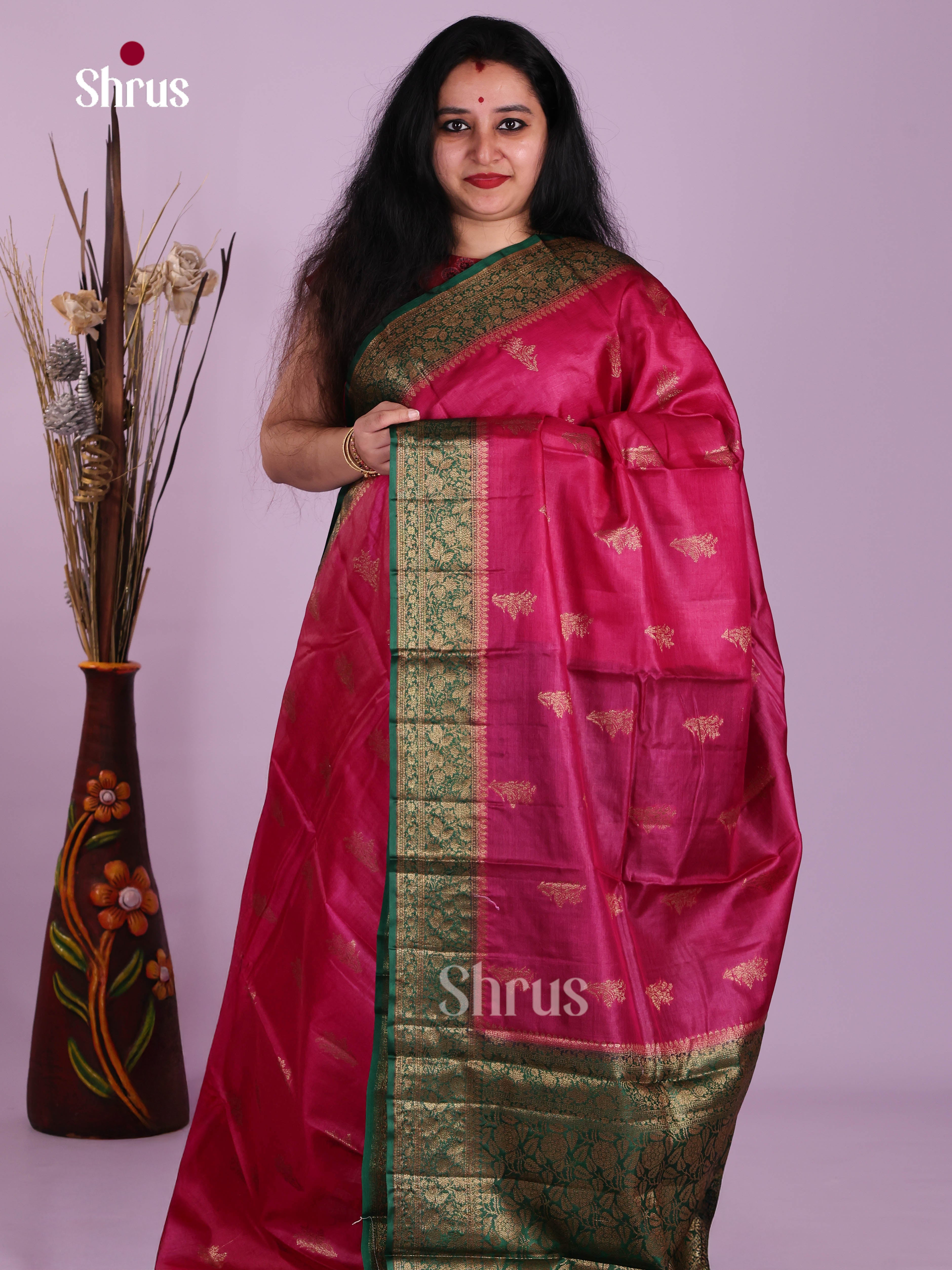 Striking Pink Handloom Tussar Silk Saree With Gold Motifs & Green Pallu