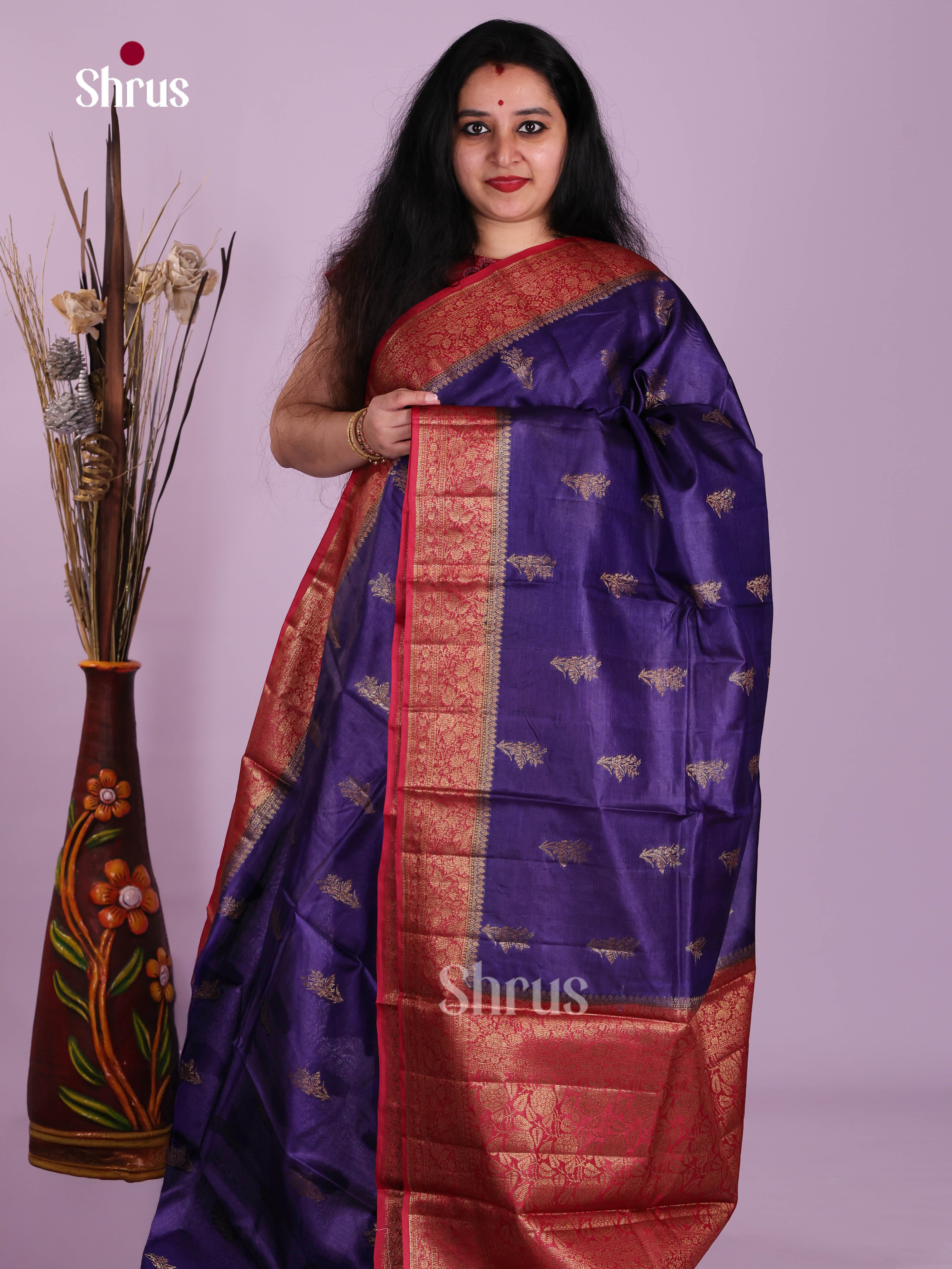 Magnificent Violet Handloom Tussar Silk Saree With Gold Motifs & Red Pallu - Shop on Shrus.com