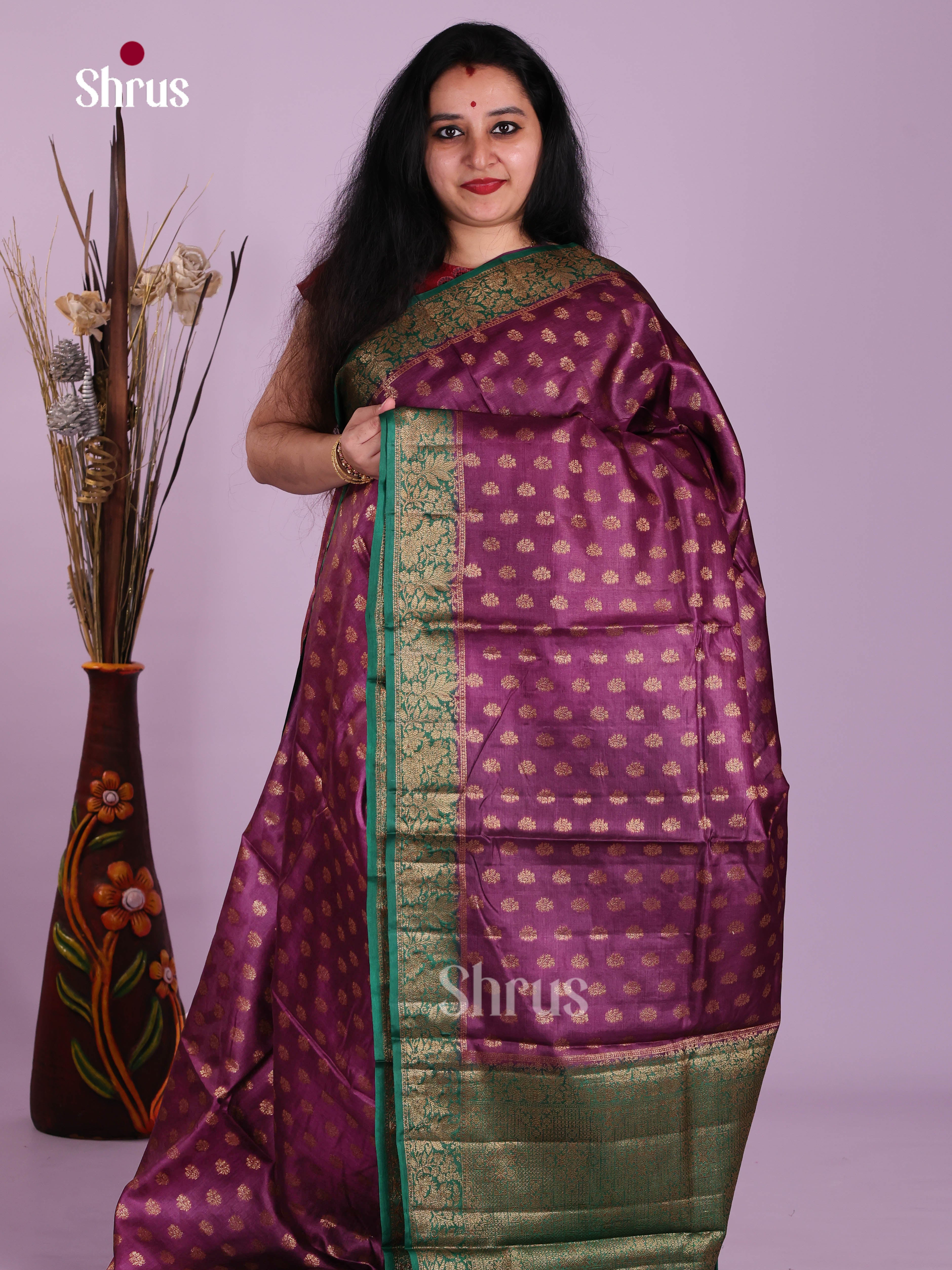 Adorable Purple Handloom Tussar Silk Saree With Gold Buttis & Zari Woven Green Pallu