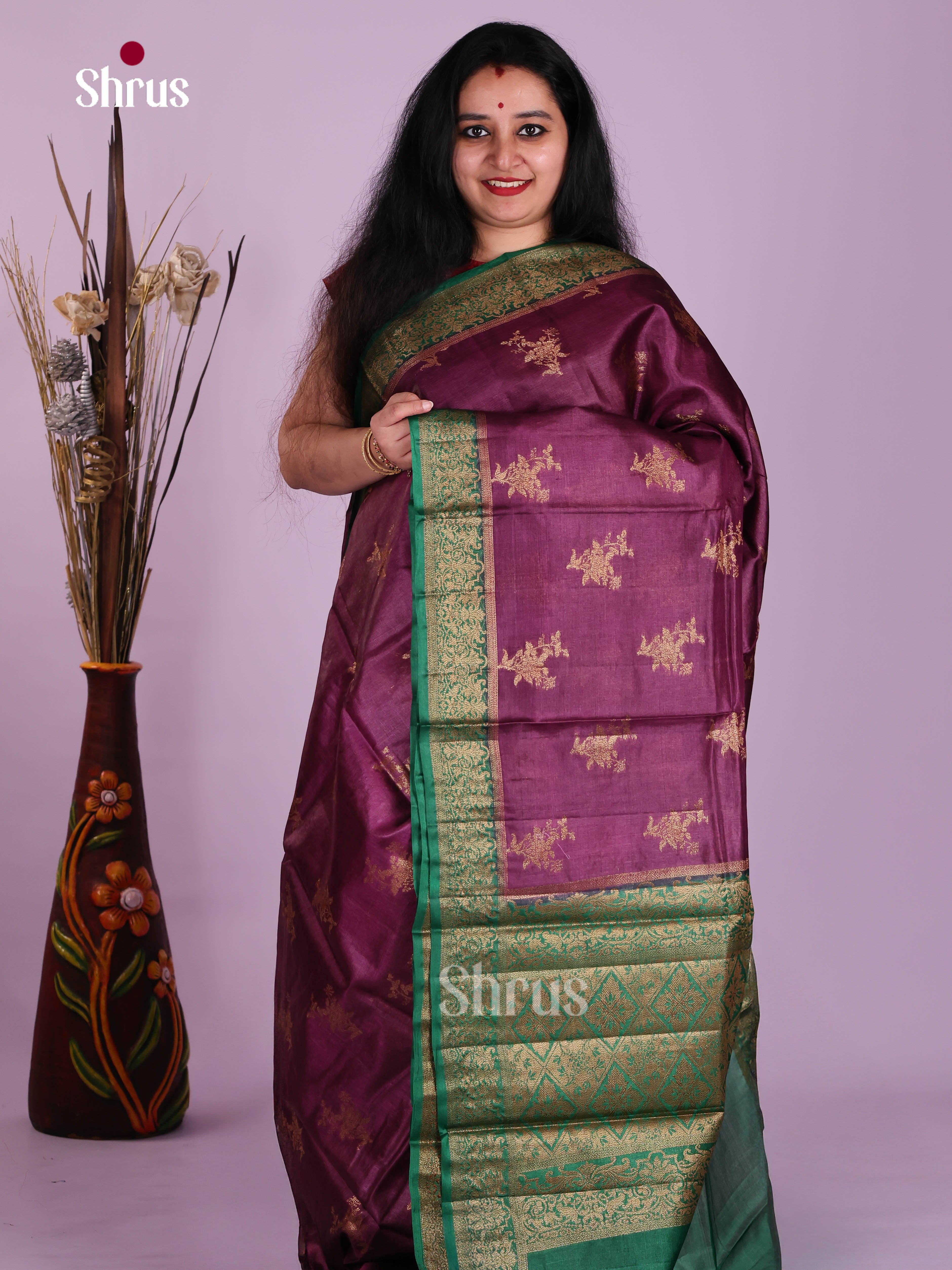 Exquisite Purple Handloom Tussar Silk Saree With Floral Motifs & Green Pallu