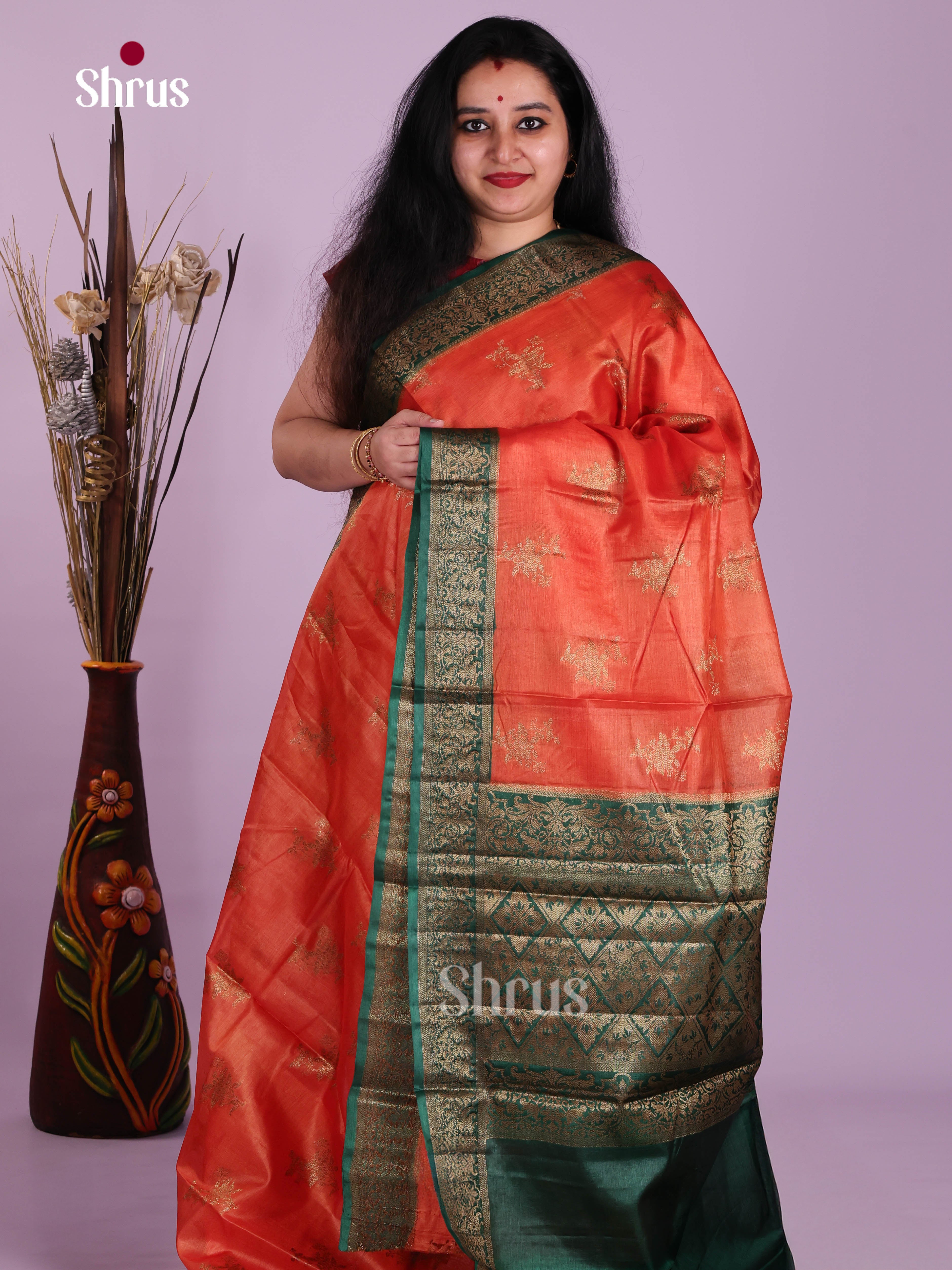 Zesty Orange Handloom Tussar Silk Saree With Golden Motifs & Green Pallu