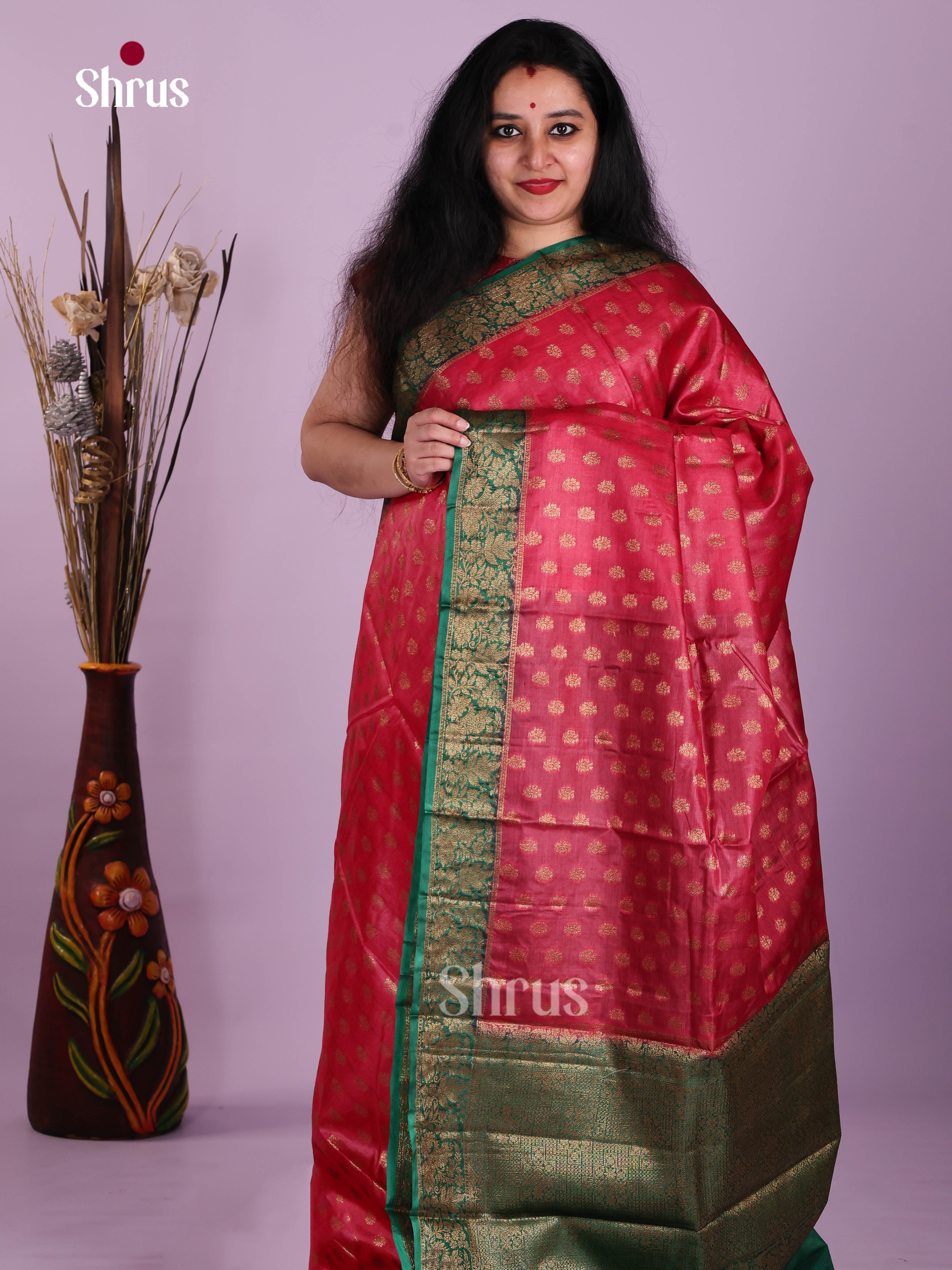 Luxurious Red Handloom Tussar Silk Saree With Floral Buttas & Green Pallu