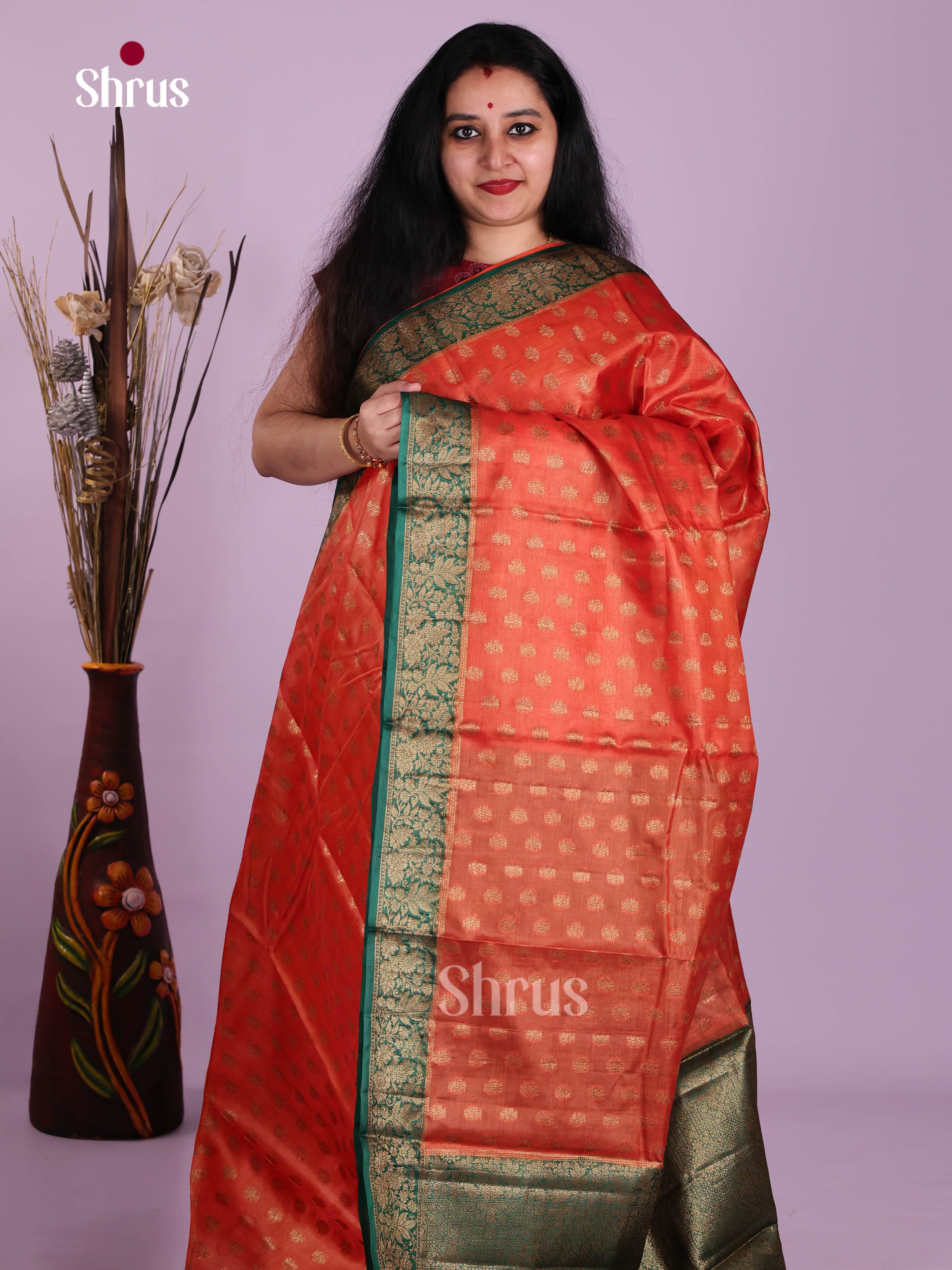 Radiant Orange Handloom Tussar Silk Saree With Gold Buttis & Green Pallu