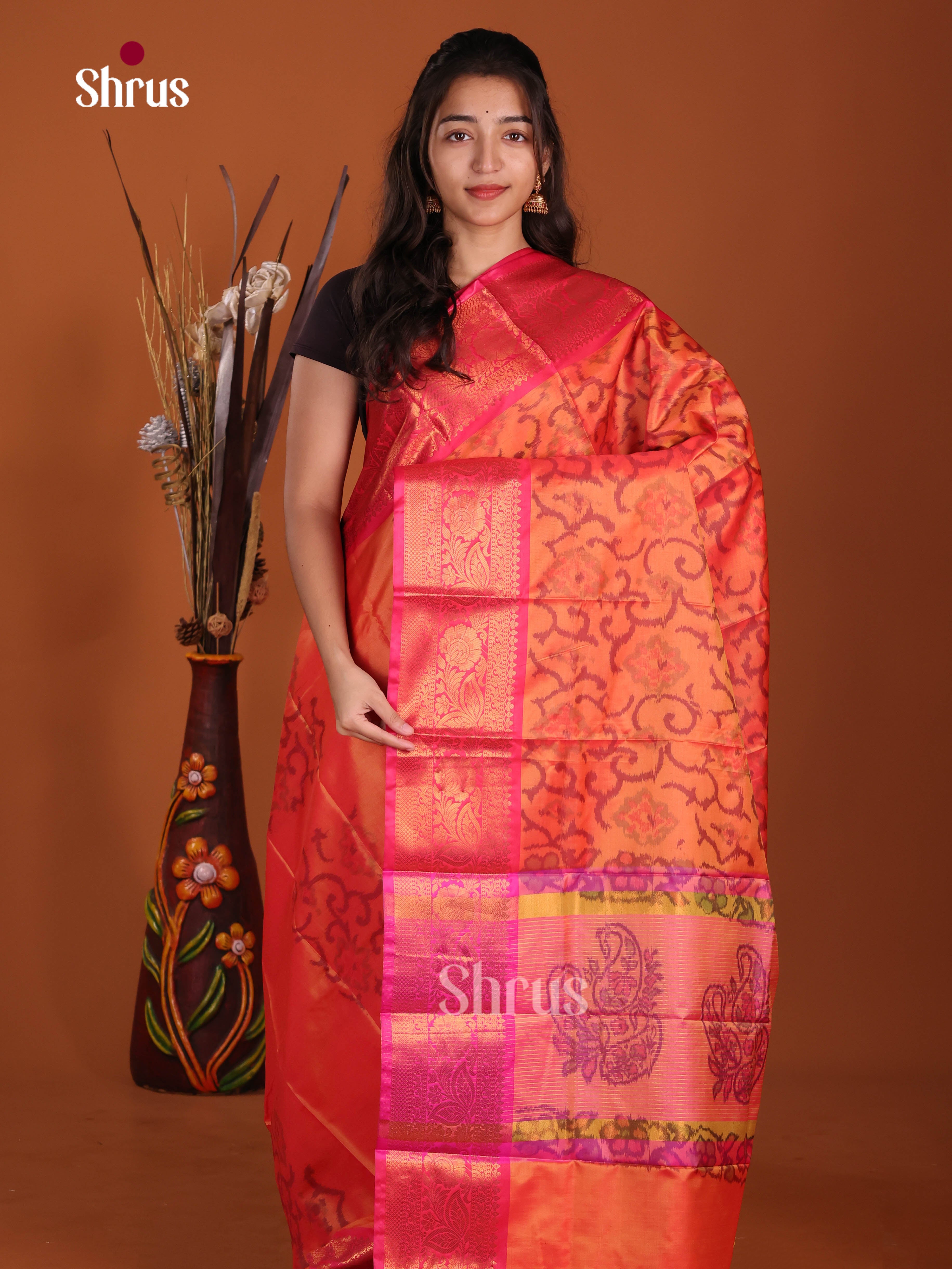Orange & Pink - Semi Pochampally Saree