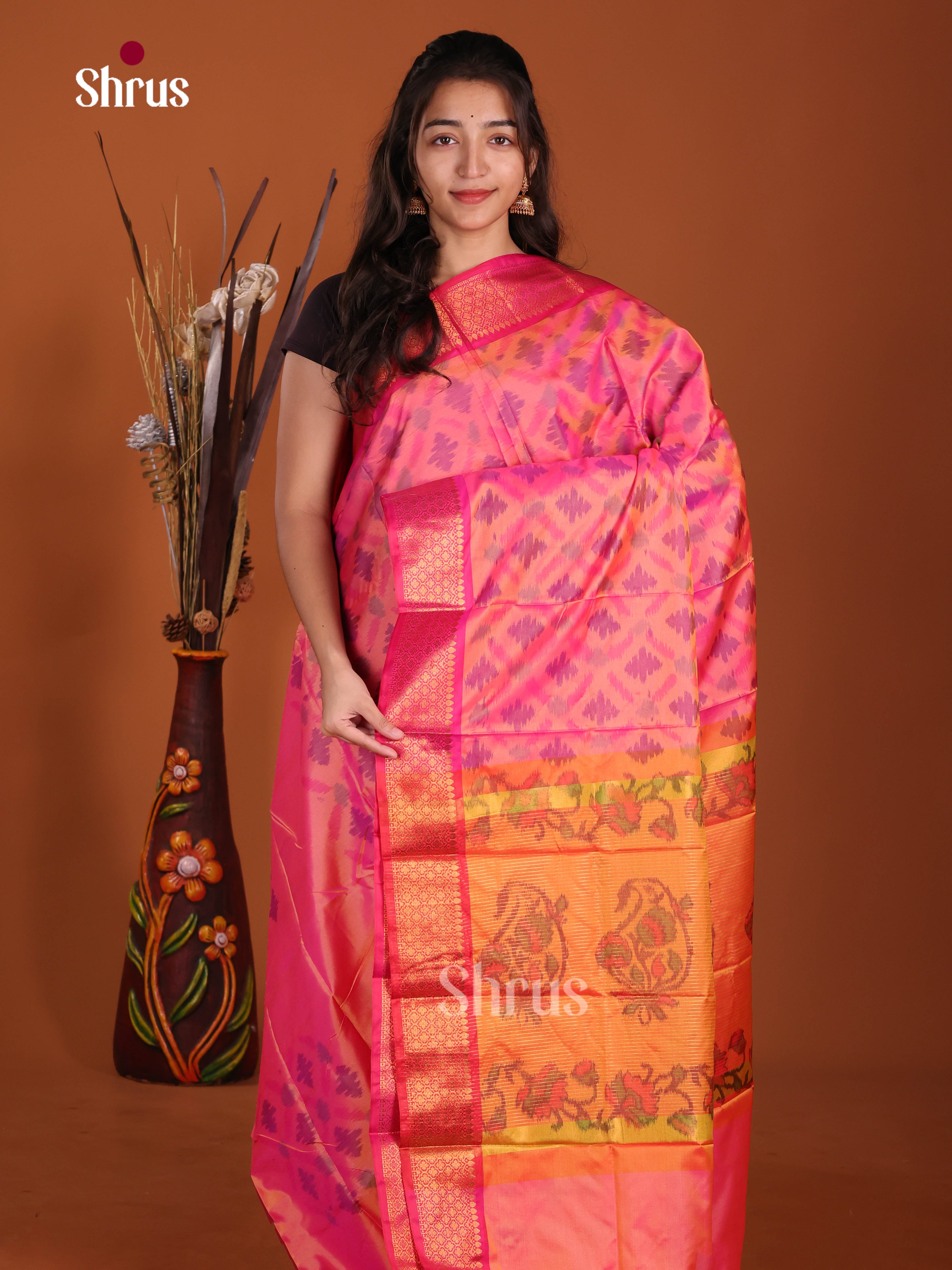 Pink & Orange - Semi Pochampally Saree