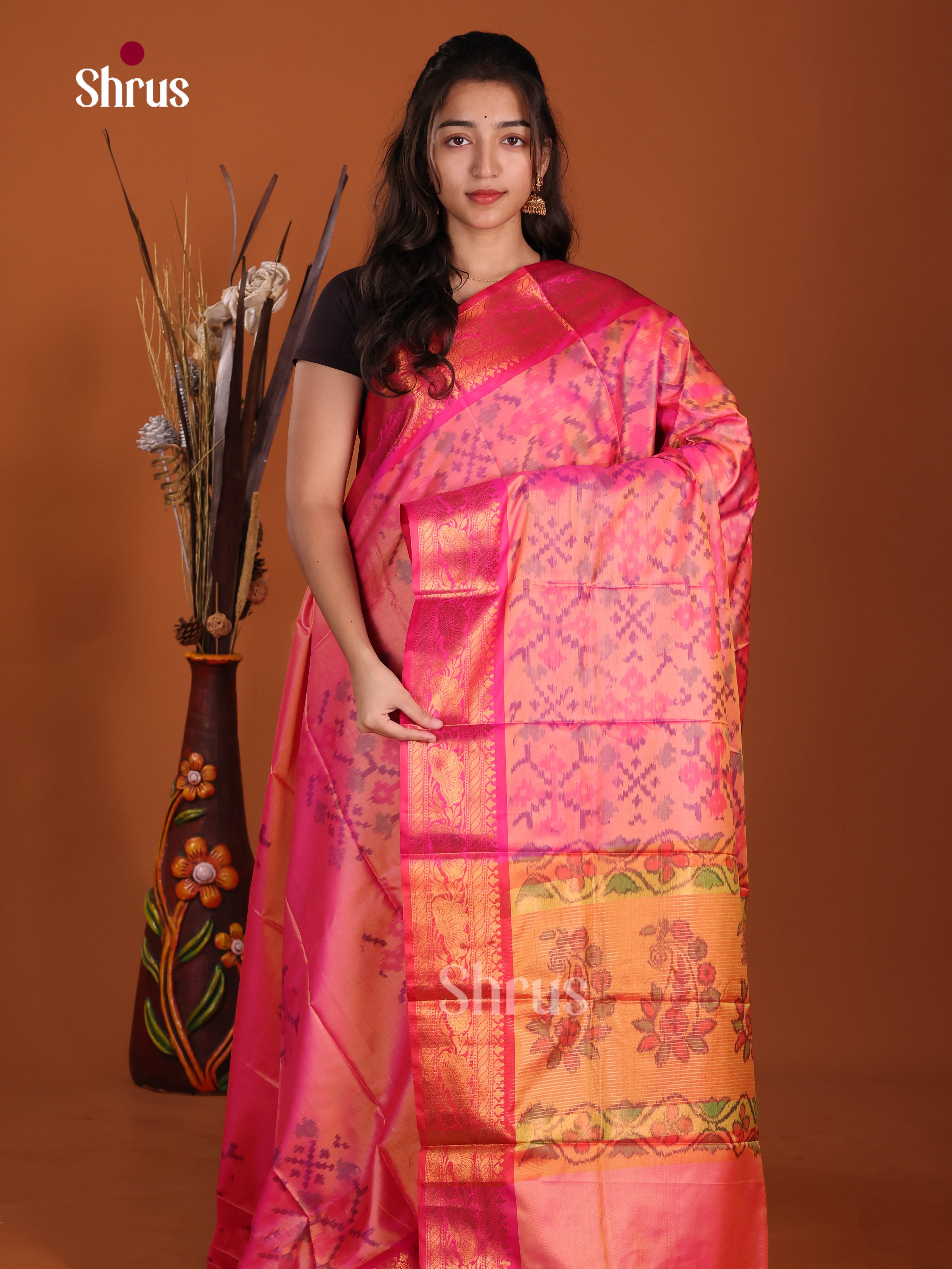 Pink & Orange - Semi Pochampally Saree