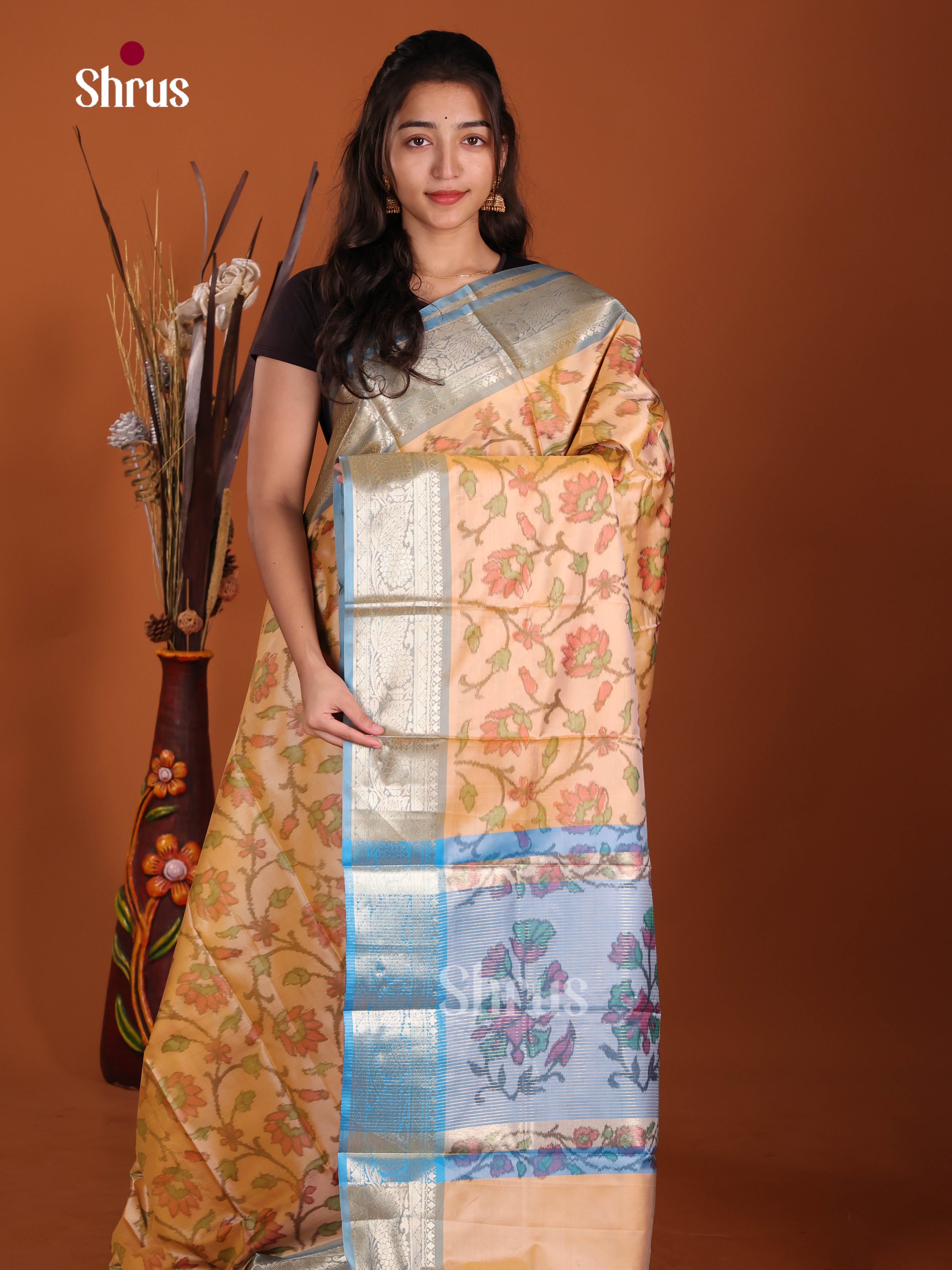 Peach & Blue - Semi Pochampally Saree