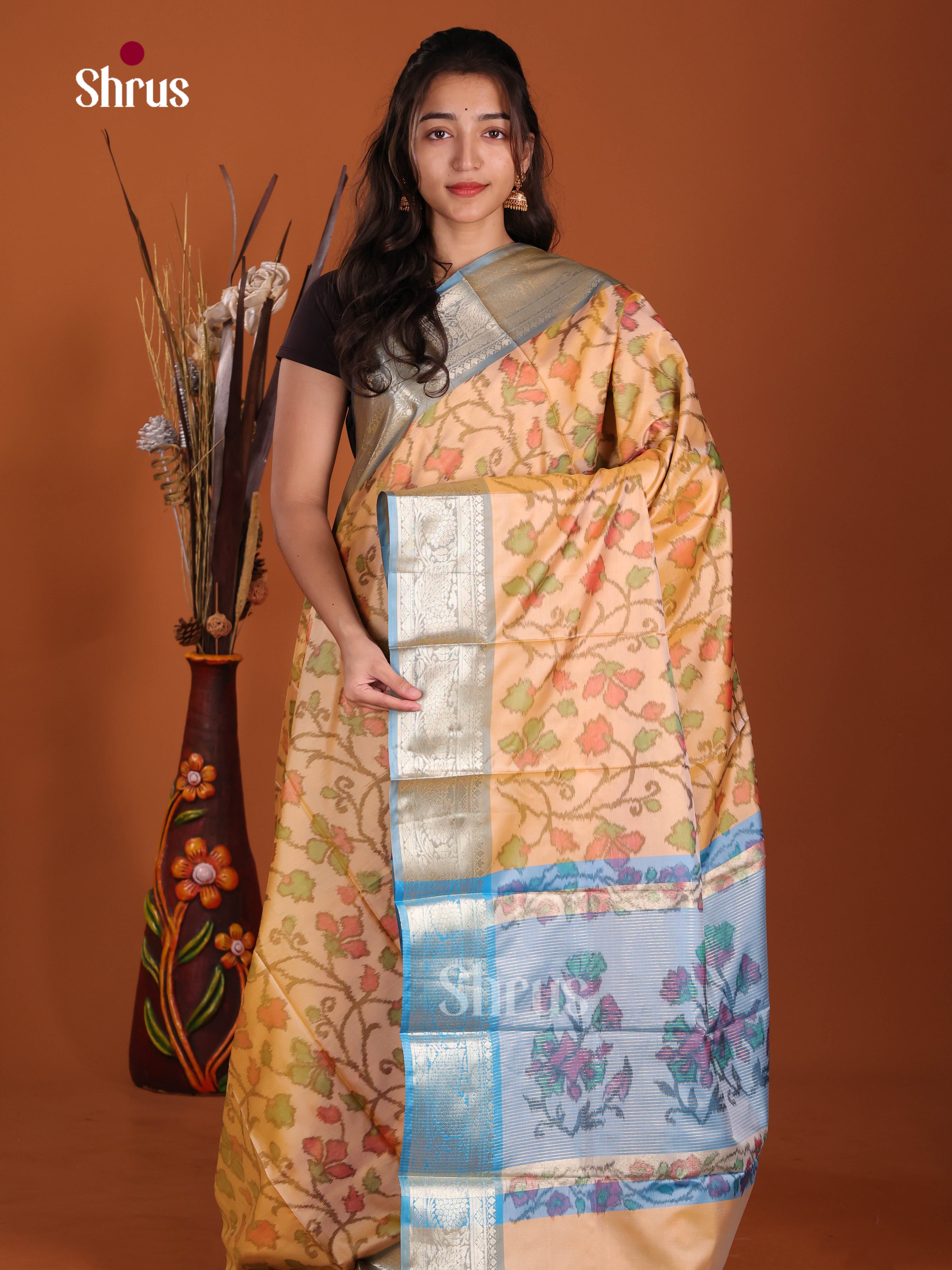 Peach & Blue- Semi Pochampally Saree