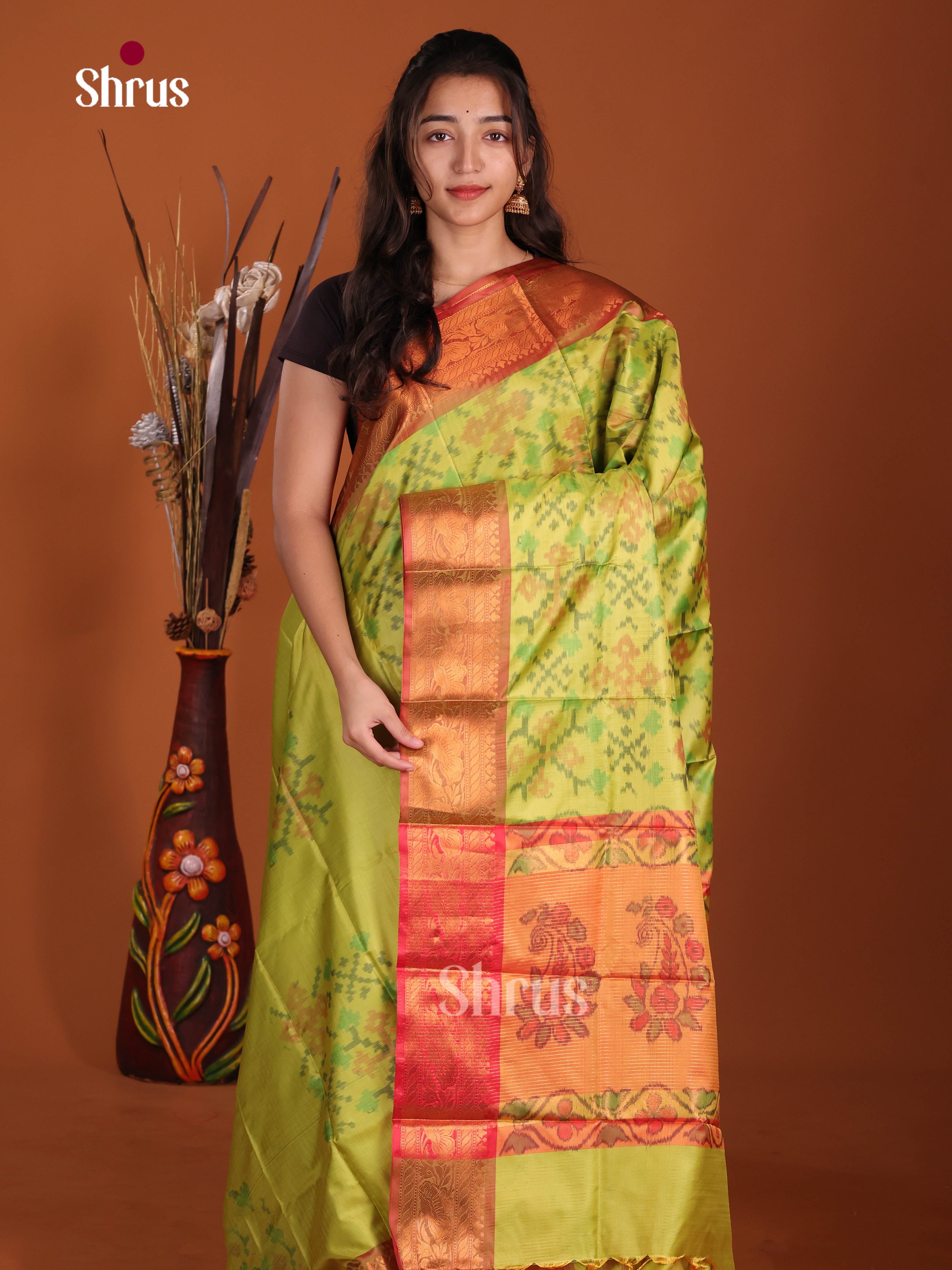 Green & Orange - Semi Pochampally Saree