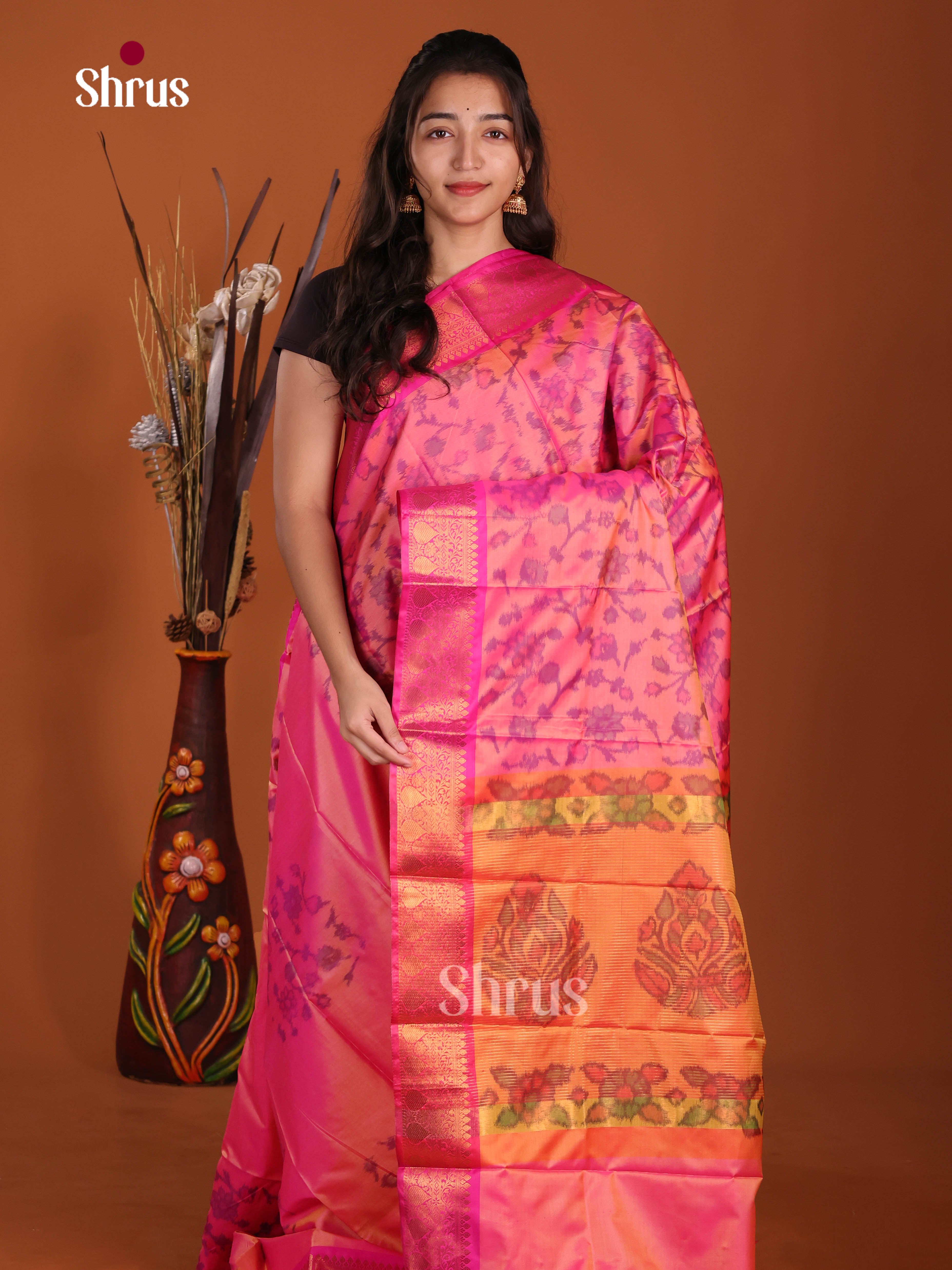 Pink & Orange  - Semi Pochampally Saree