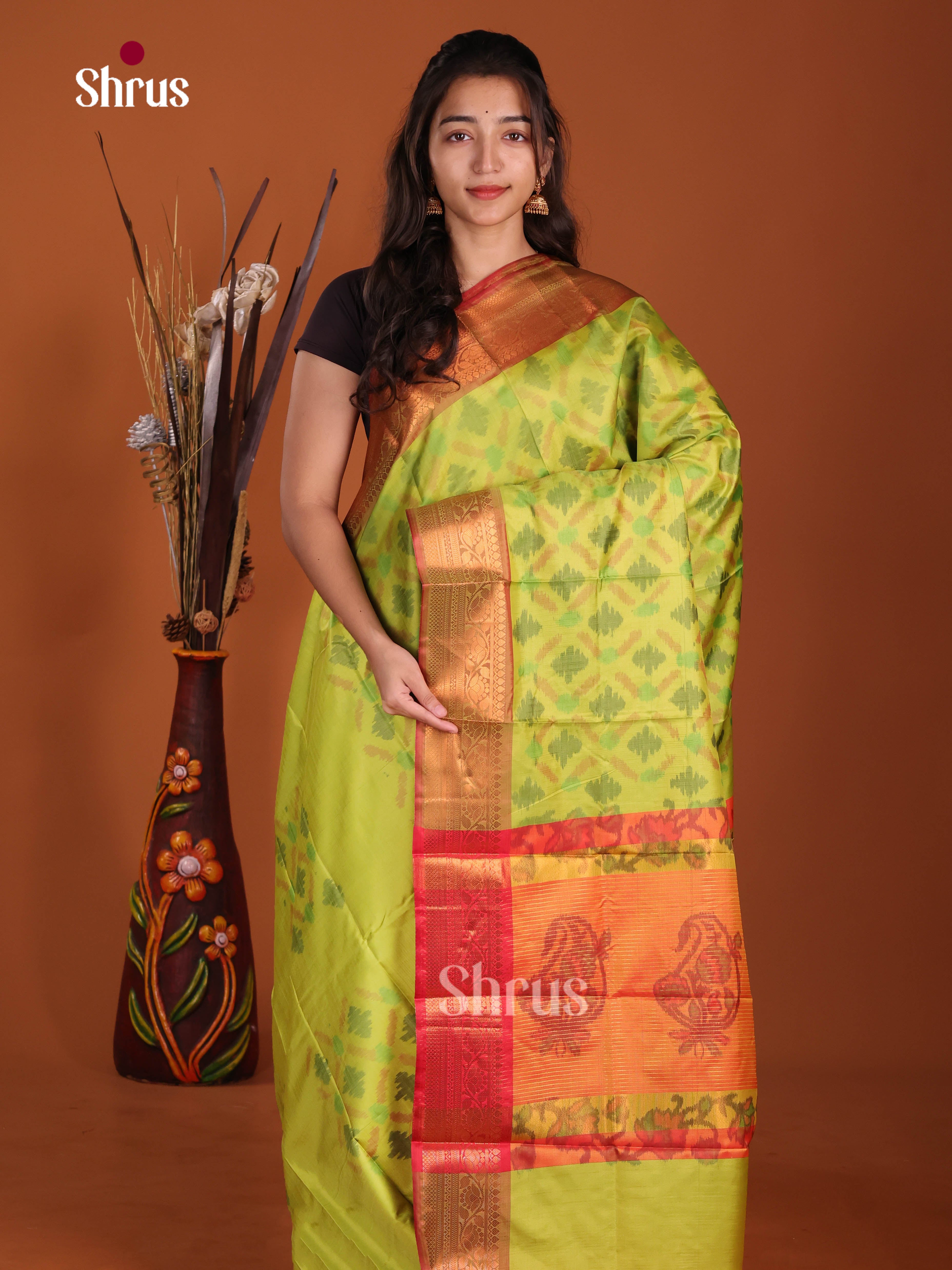 Green & Orange - Semi Pochampally Saree