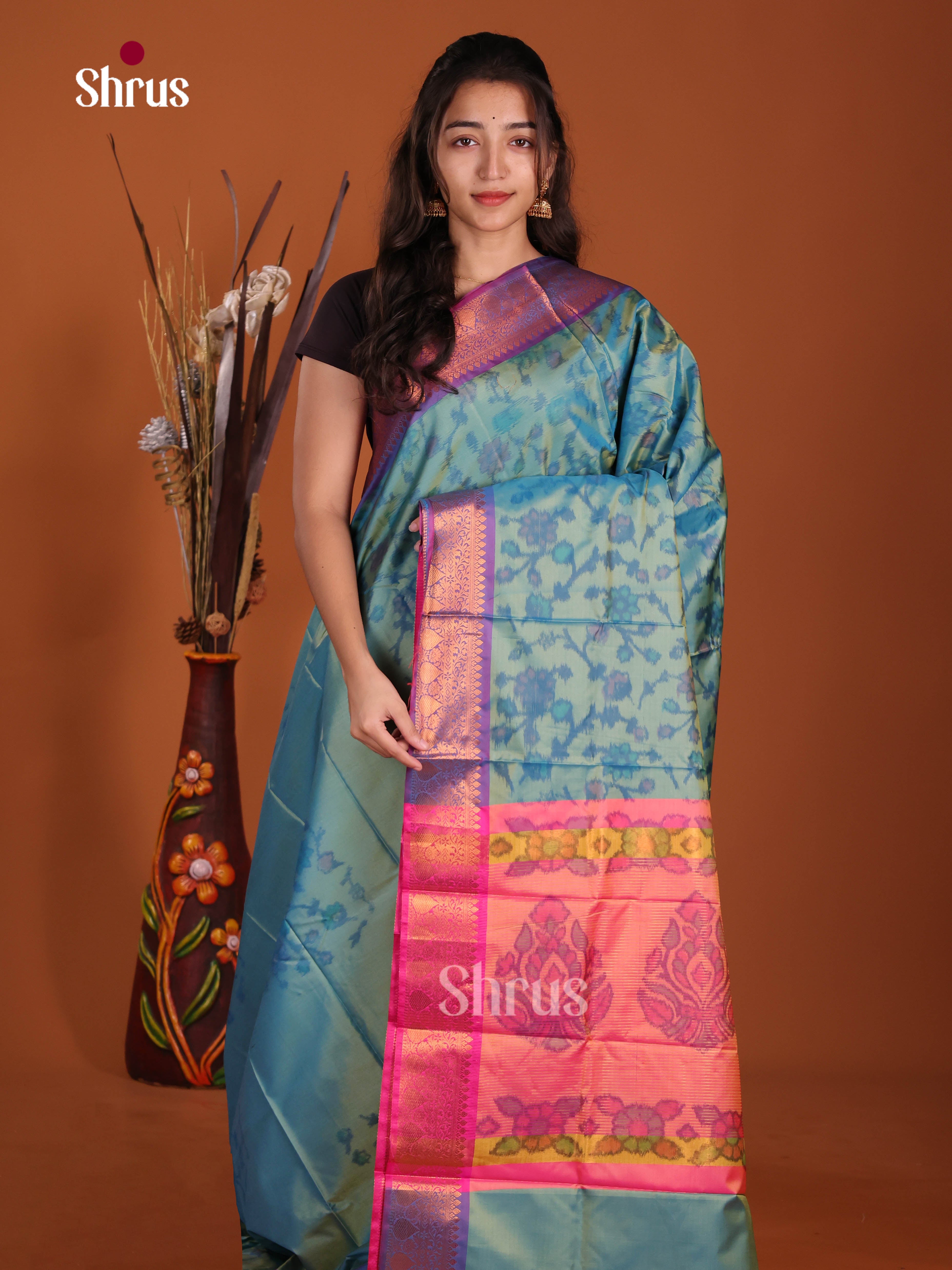 Blue & Orange - Semi Pochampally Saree