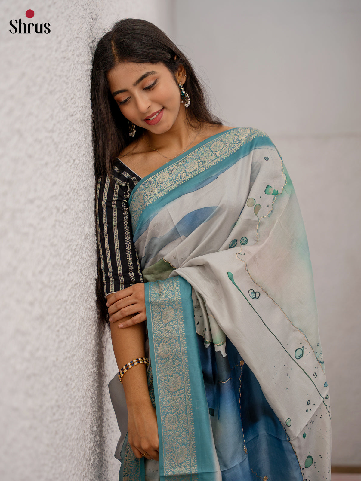 Cream & Green - Printed Semi Tussar Saree