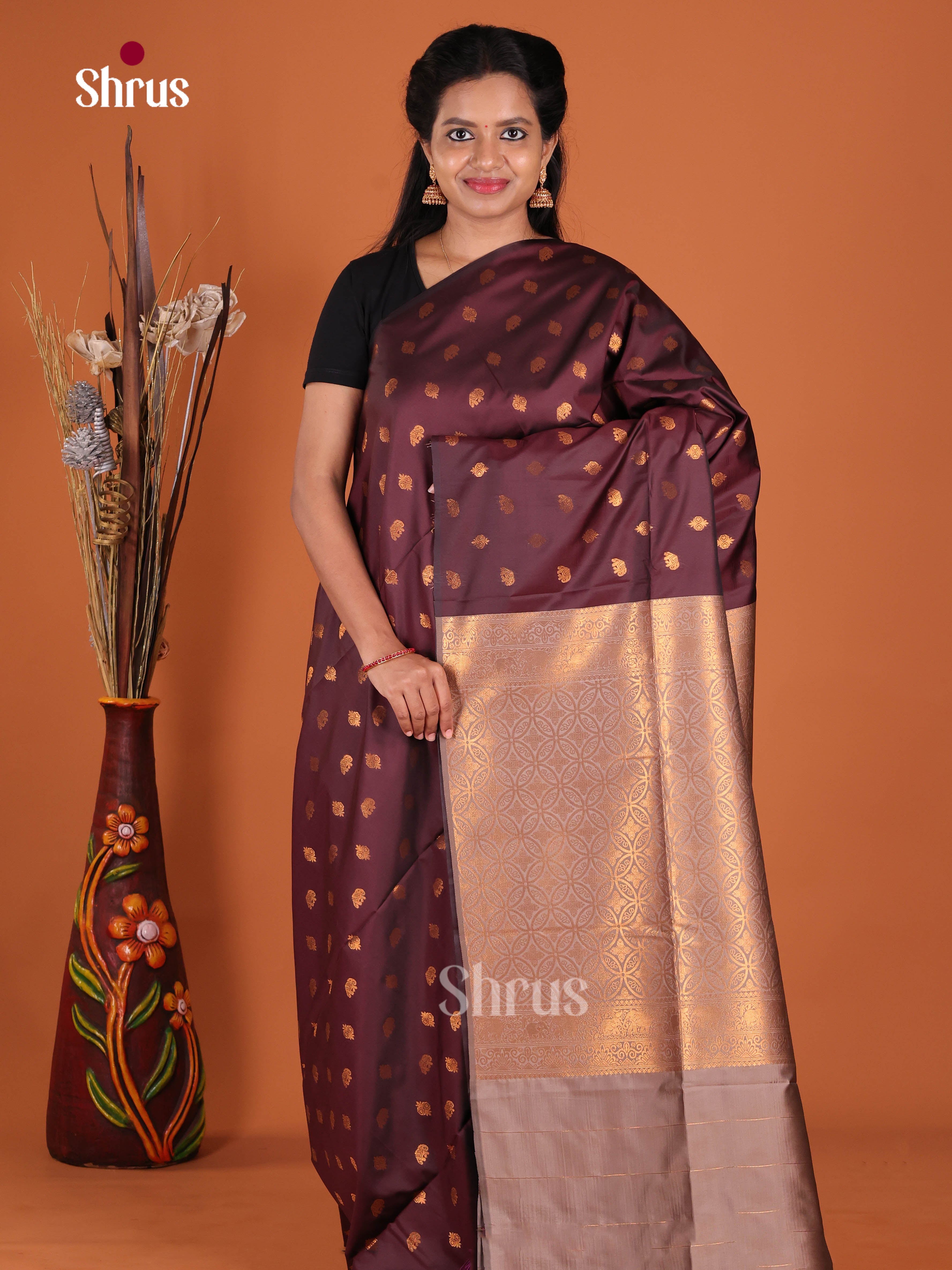 Brown & Grey - Semi Softsilk Saree