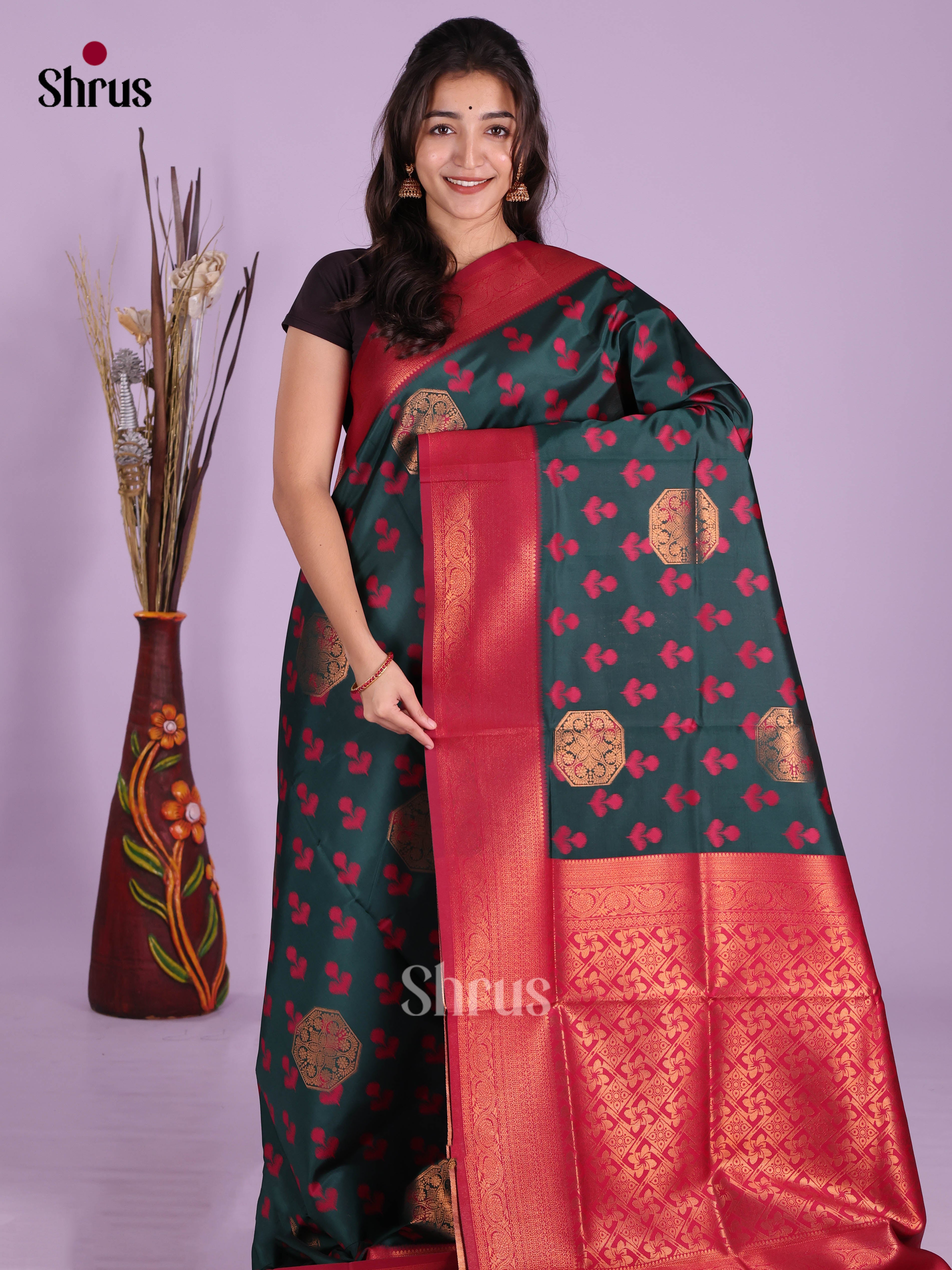 Green & Maroon - Semi Softsilk Saree