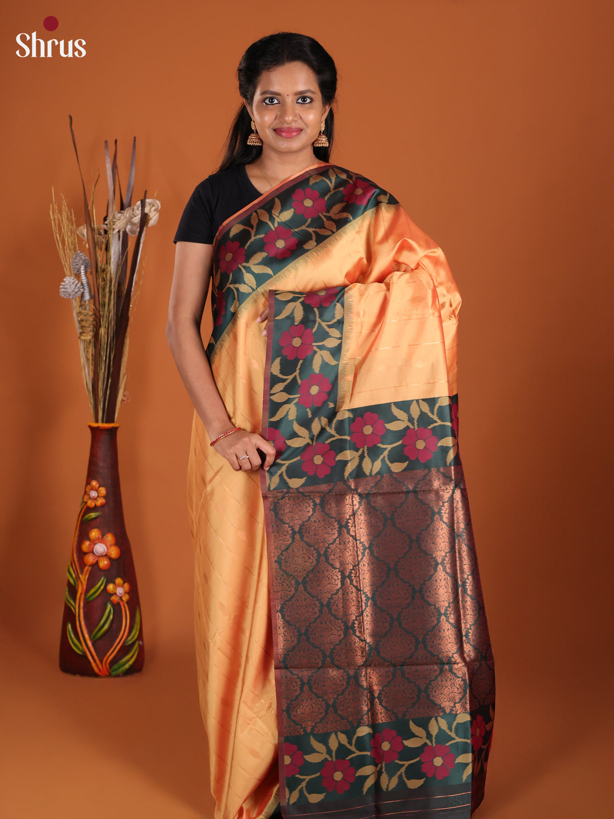 Peach & Green - Semi Softsilk Saree