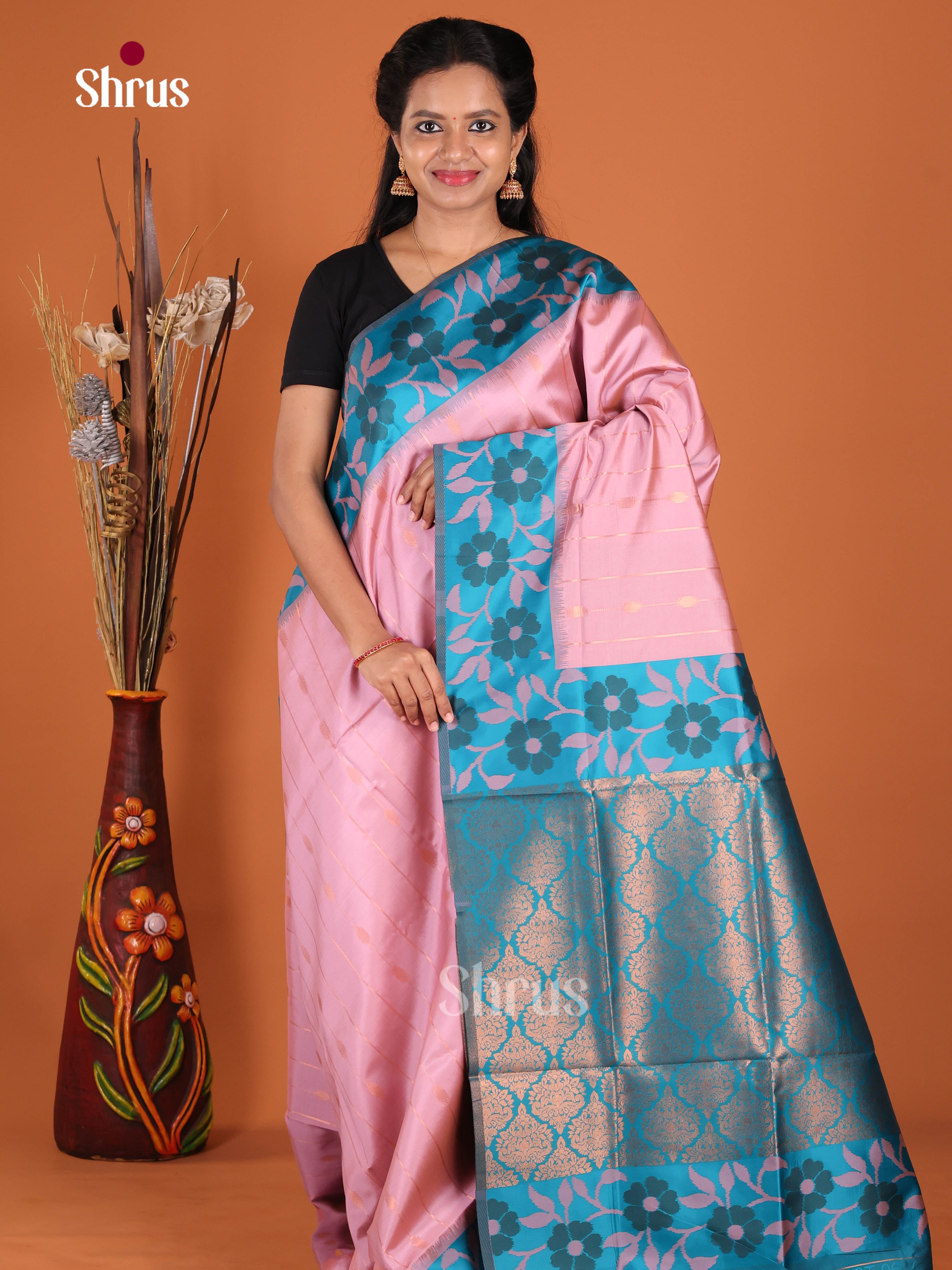 Pink & Blue - Semi Softsilk Saree