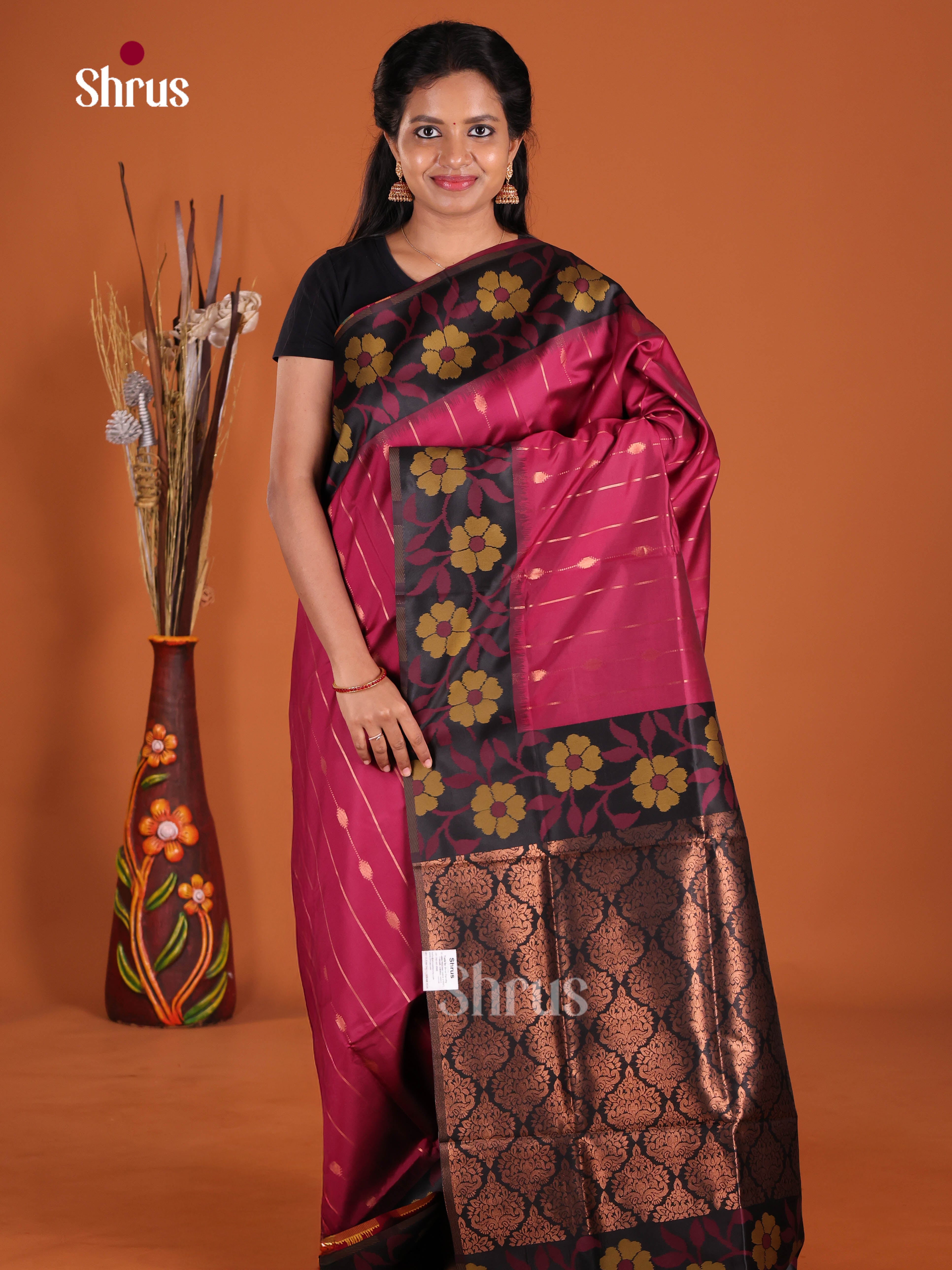 Maroon & Black- Semi Softsilk Saree