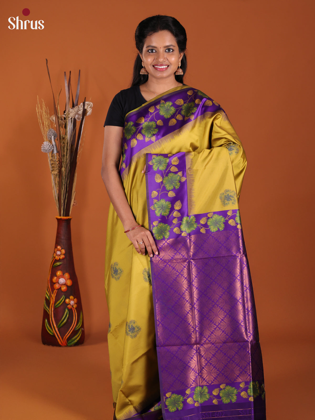 Mustardy Green & Purple- Semi Softsilk Saree