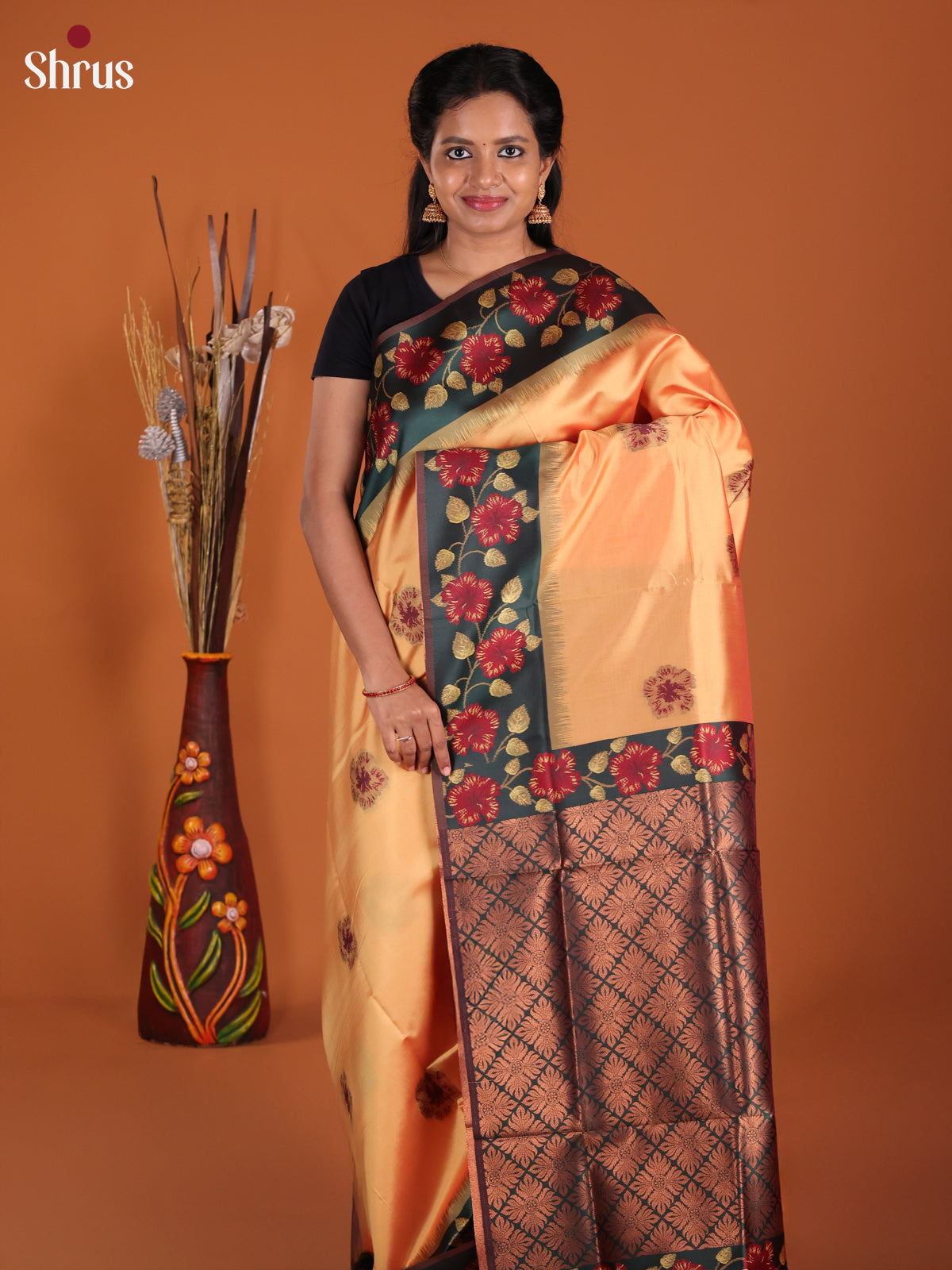 Peach & Green - Semi Softsilk Saree