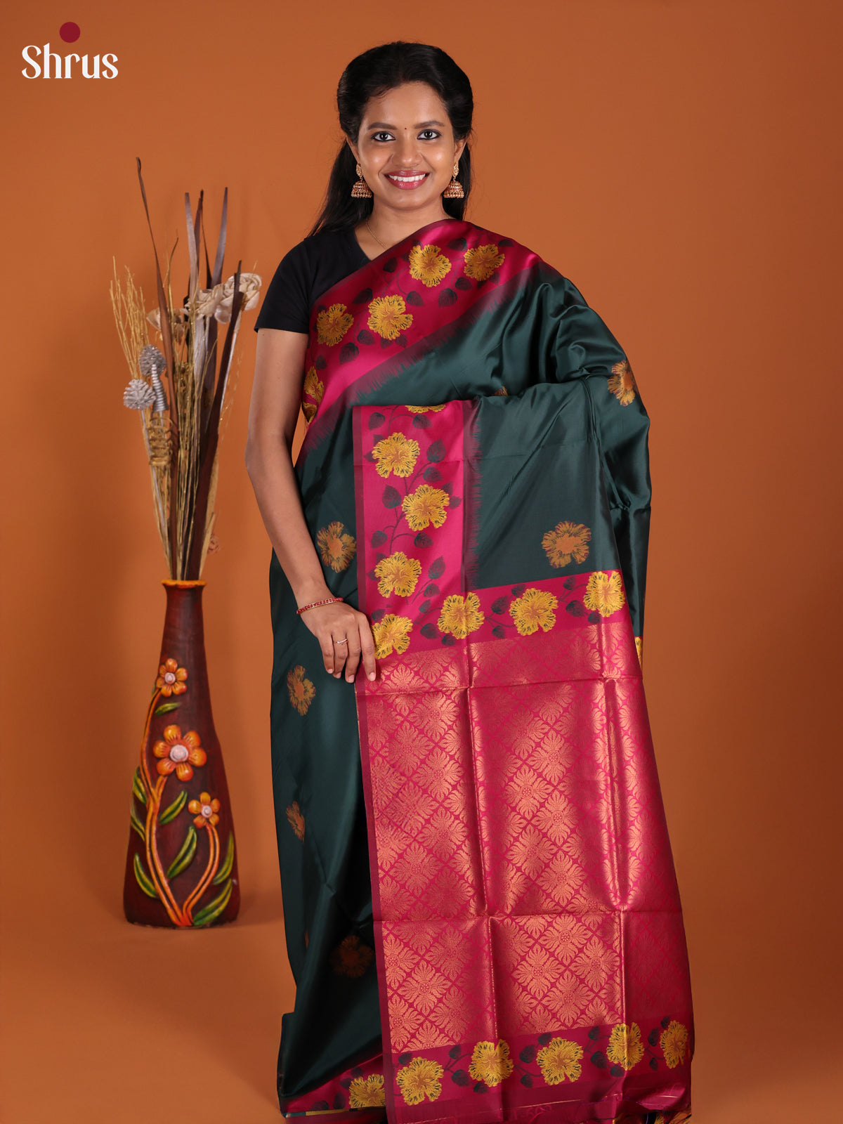 Green & Maroon  - Semi Softsilk Saree