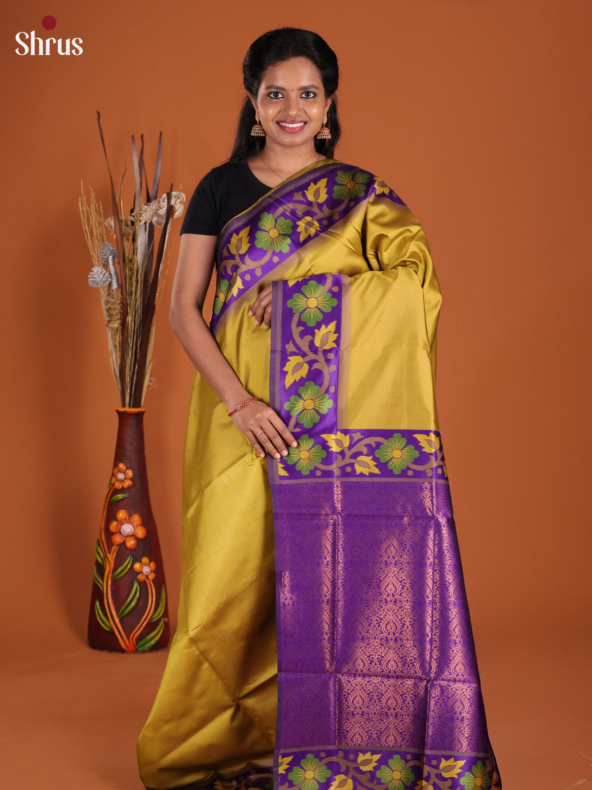 Mehandi Green & Purple - Semi Softsilk Saree