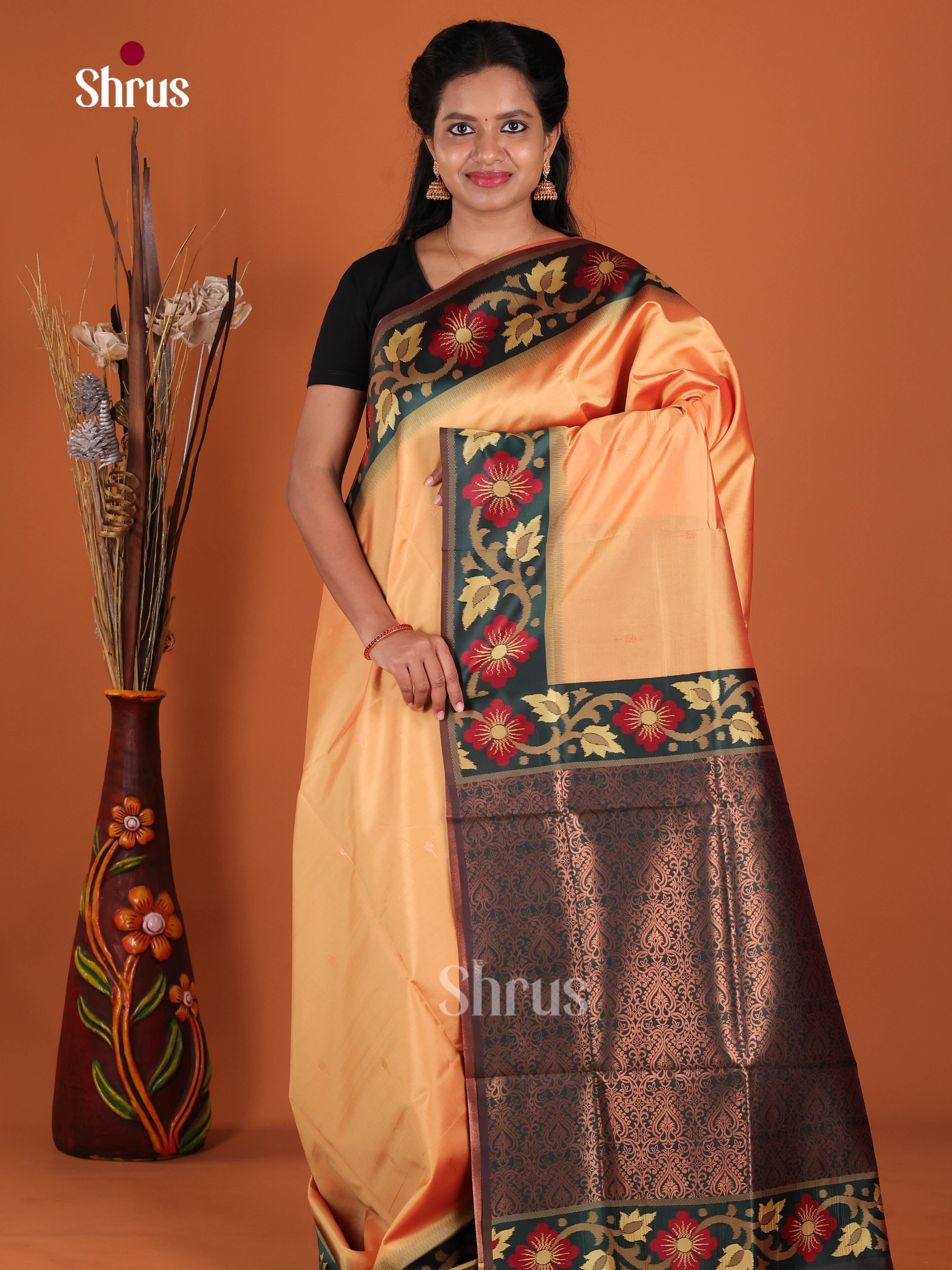 Peach & Green - Semi Softsilk Saree