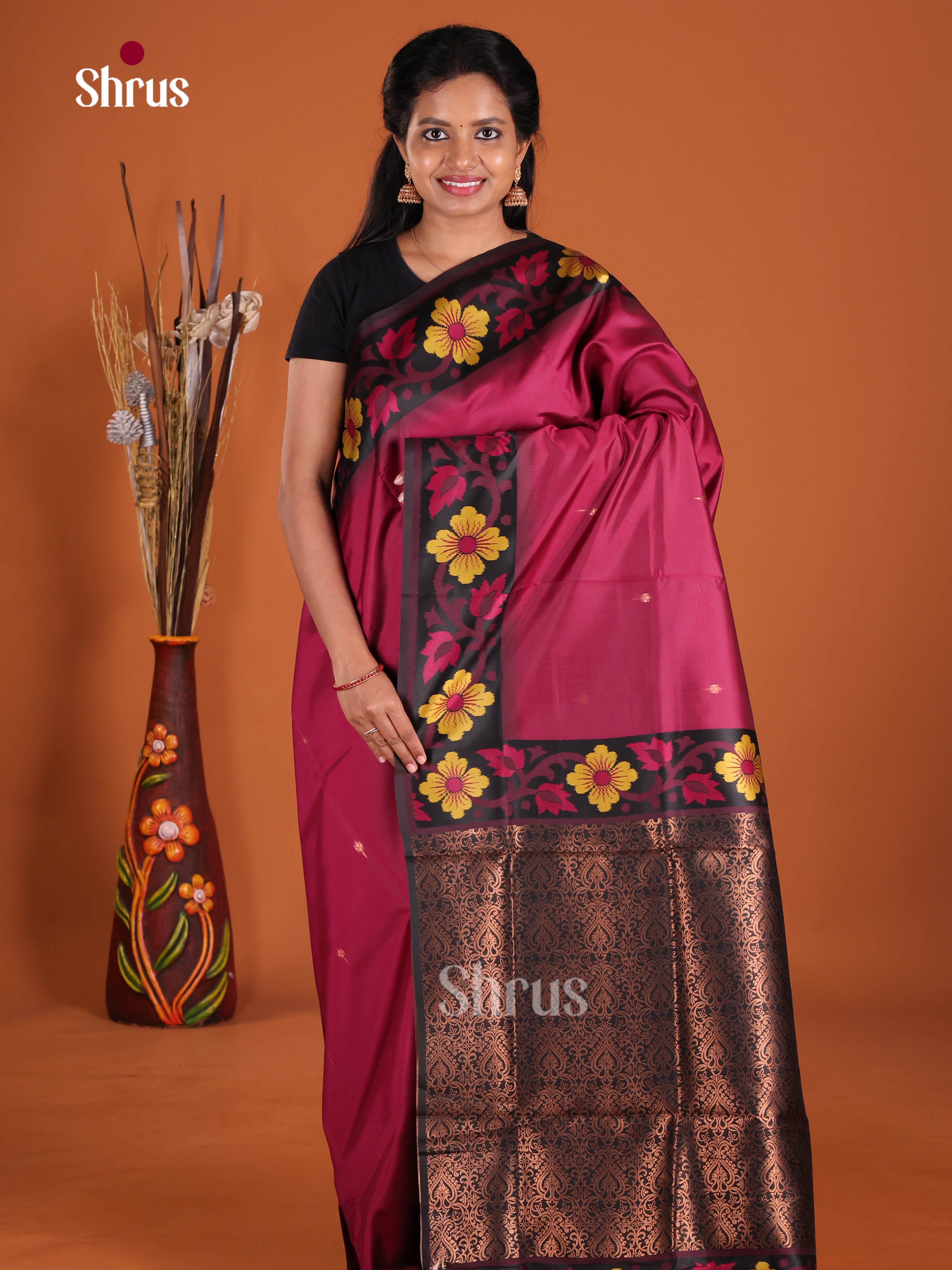 Maroon & Black - Semi Softsilk Saree