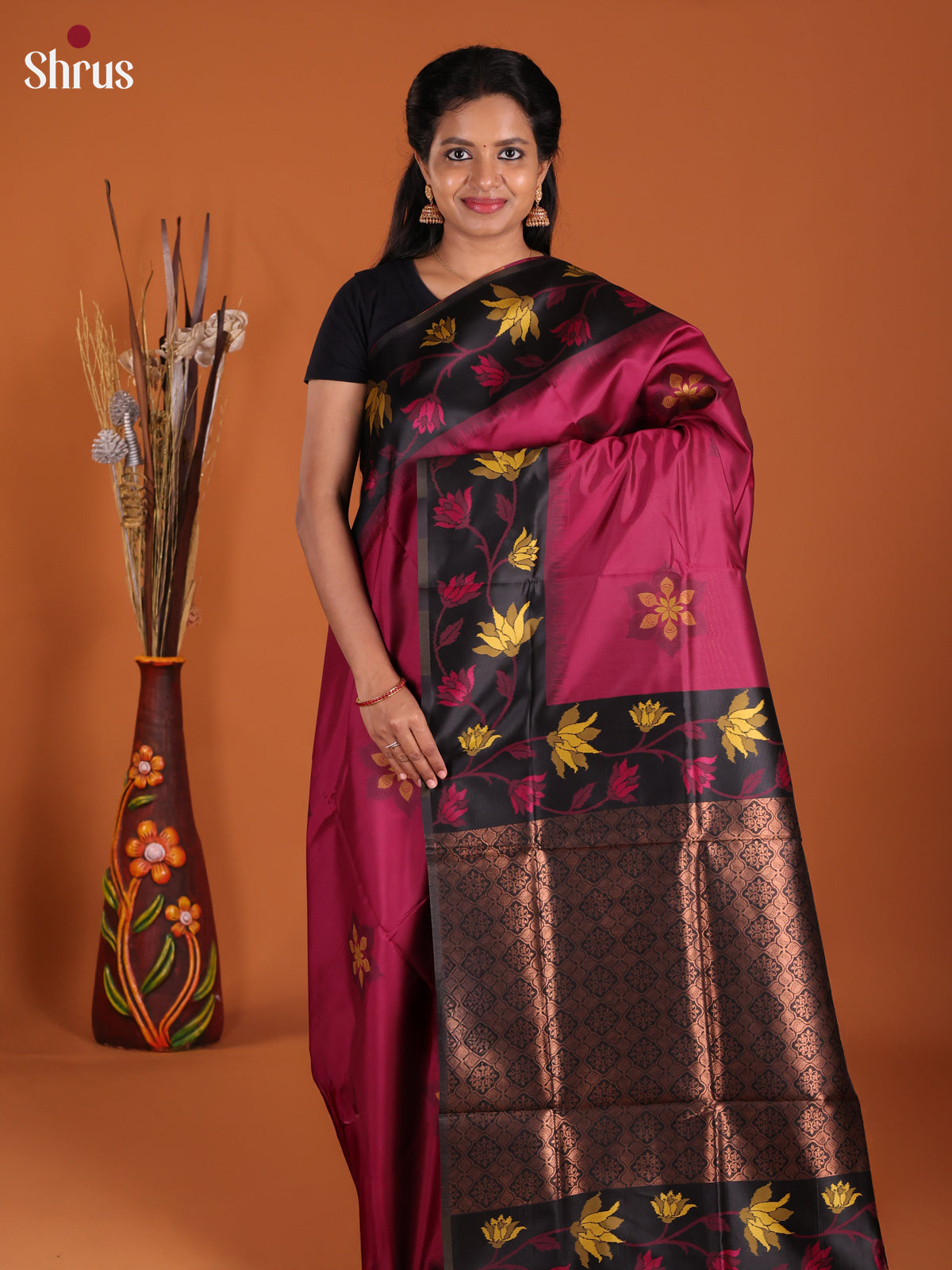 Maroon & Black - Semi Softsilk Saree