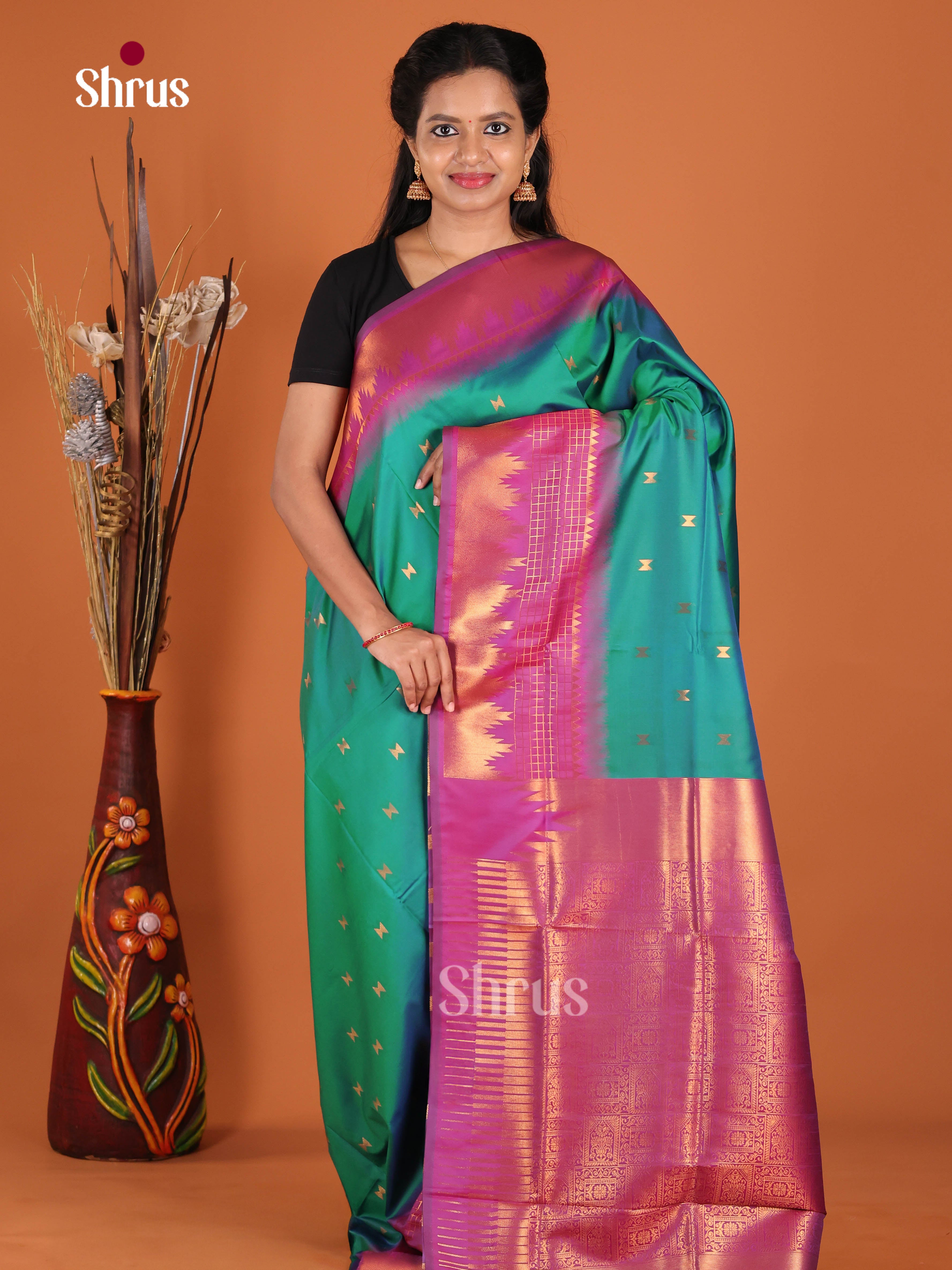 Green & Pink - Semi Softsilk Saree