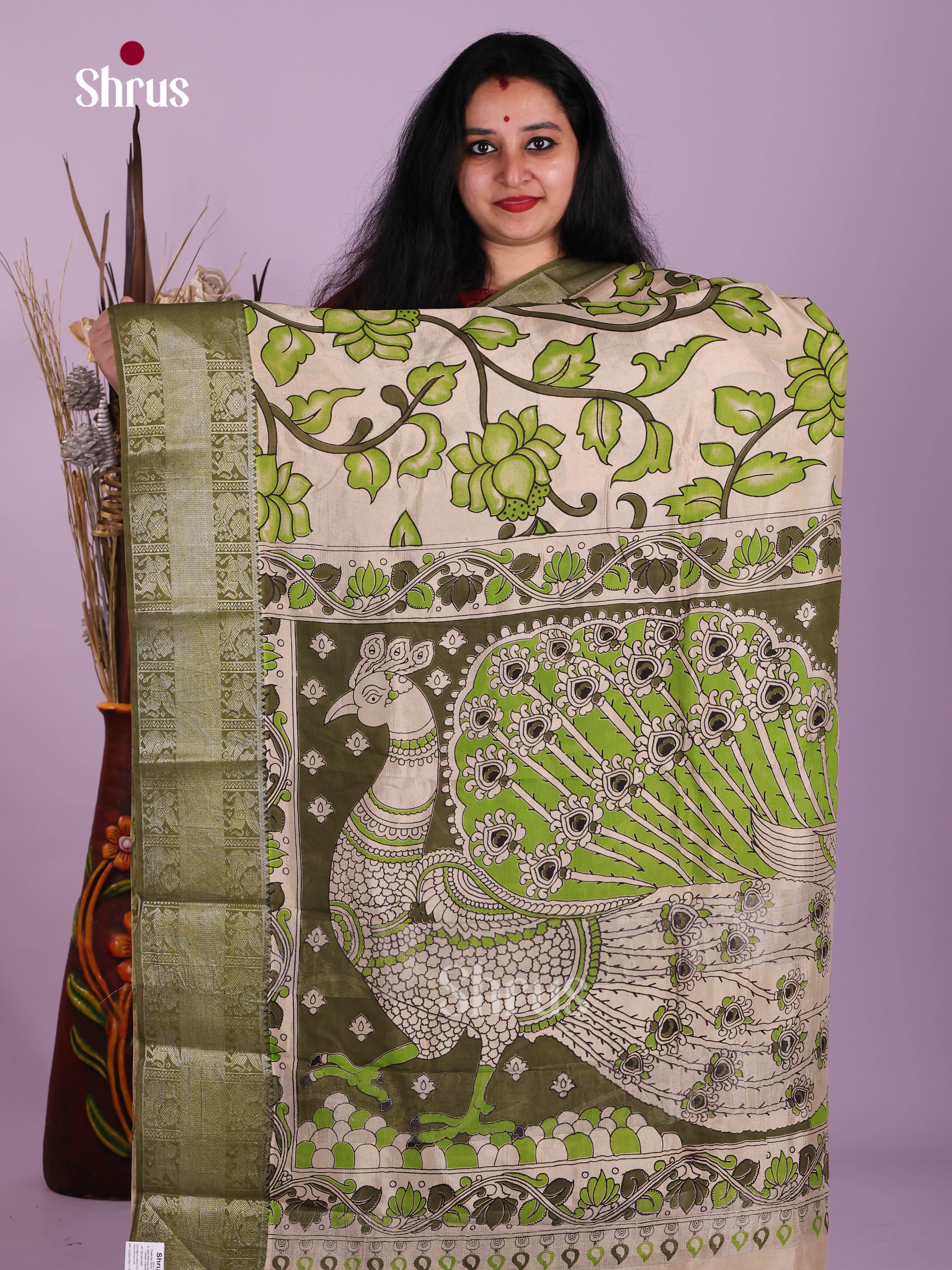 Cream & Green - Mangalagiri silkcotton Saree
