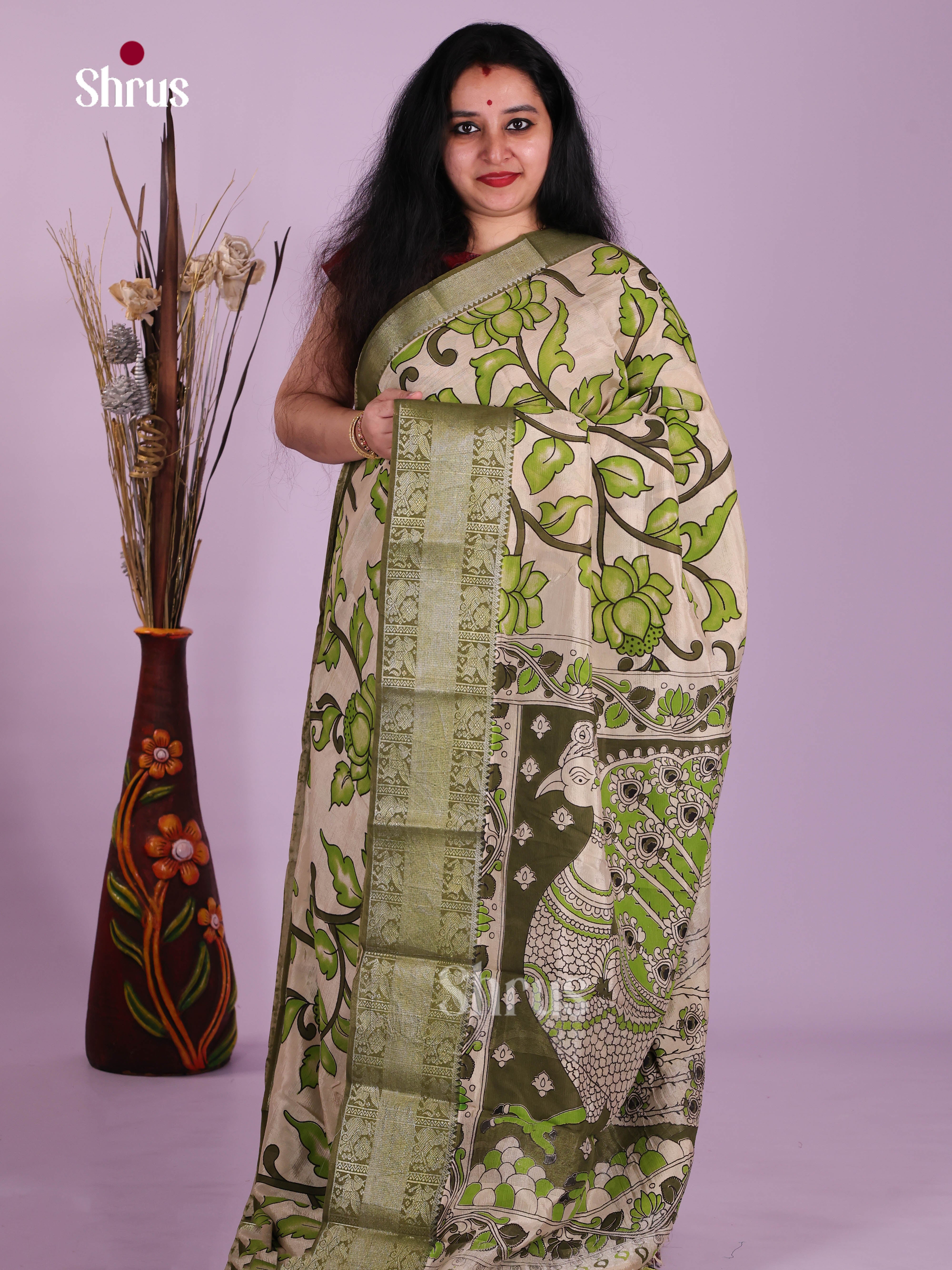 Cream & Green - Mangalagiri silkcotton Saree