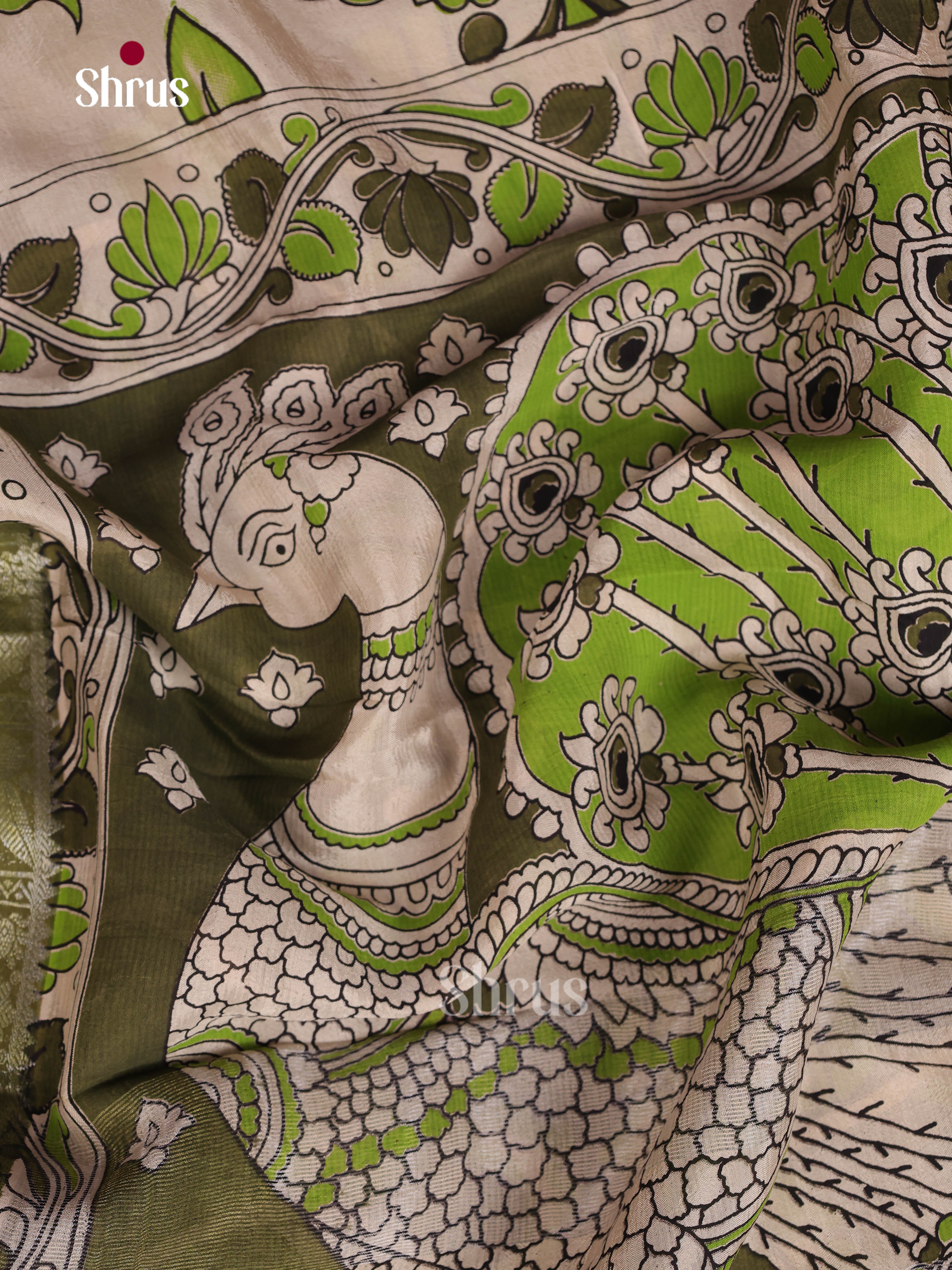 Cream & Green - Mangalagiri silkcotton Saree