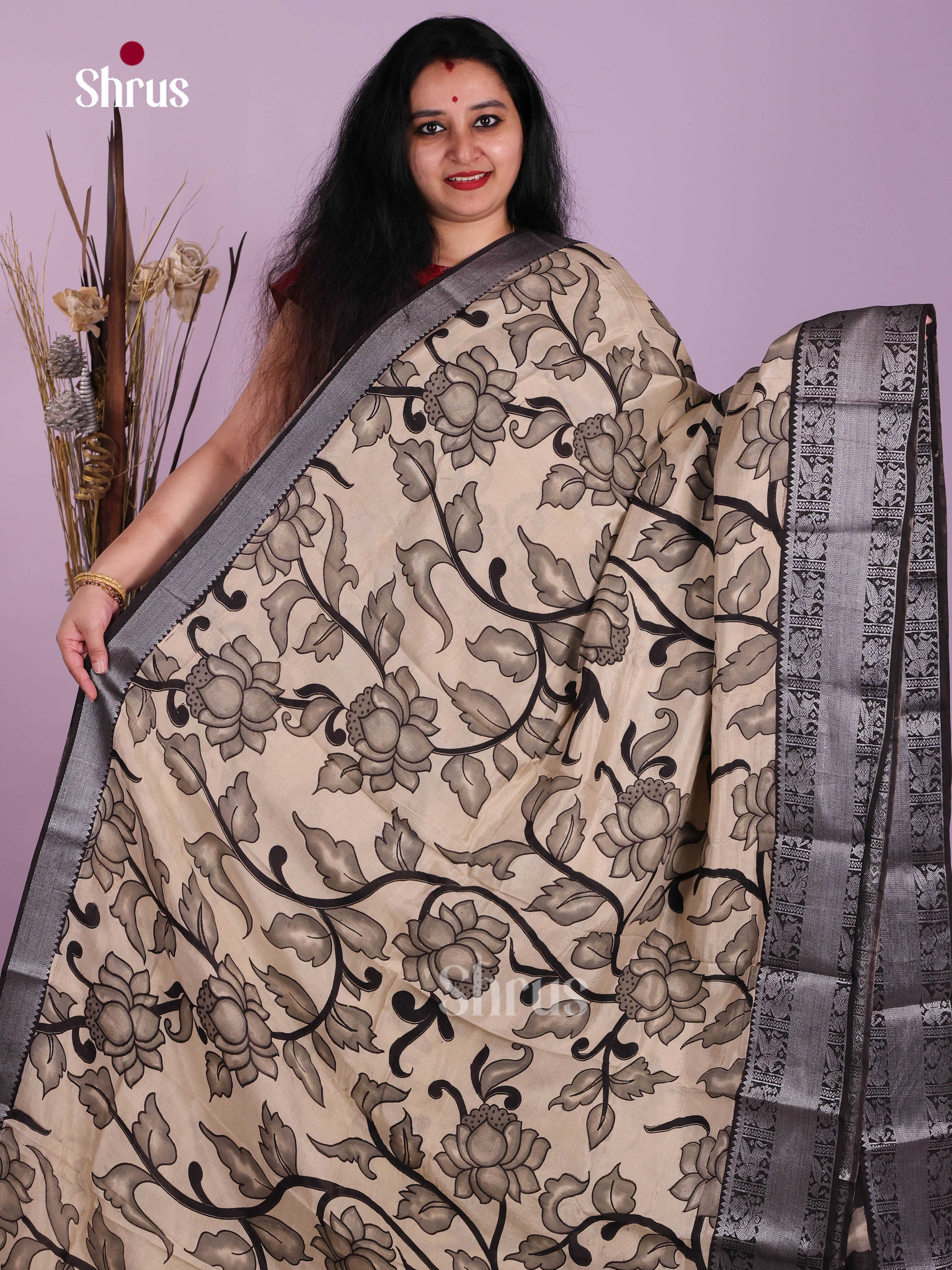 Cream & Black - Mangalagiri silkcotton Saree