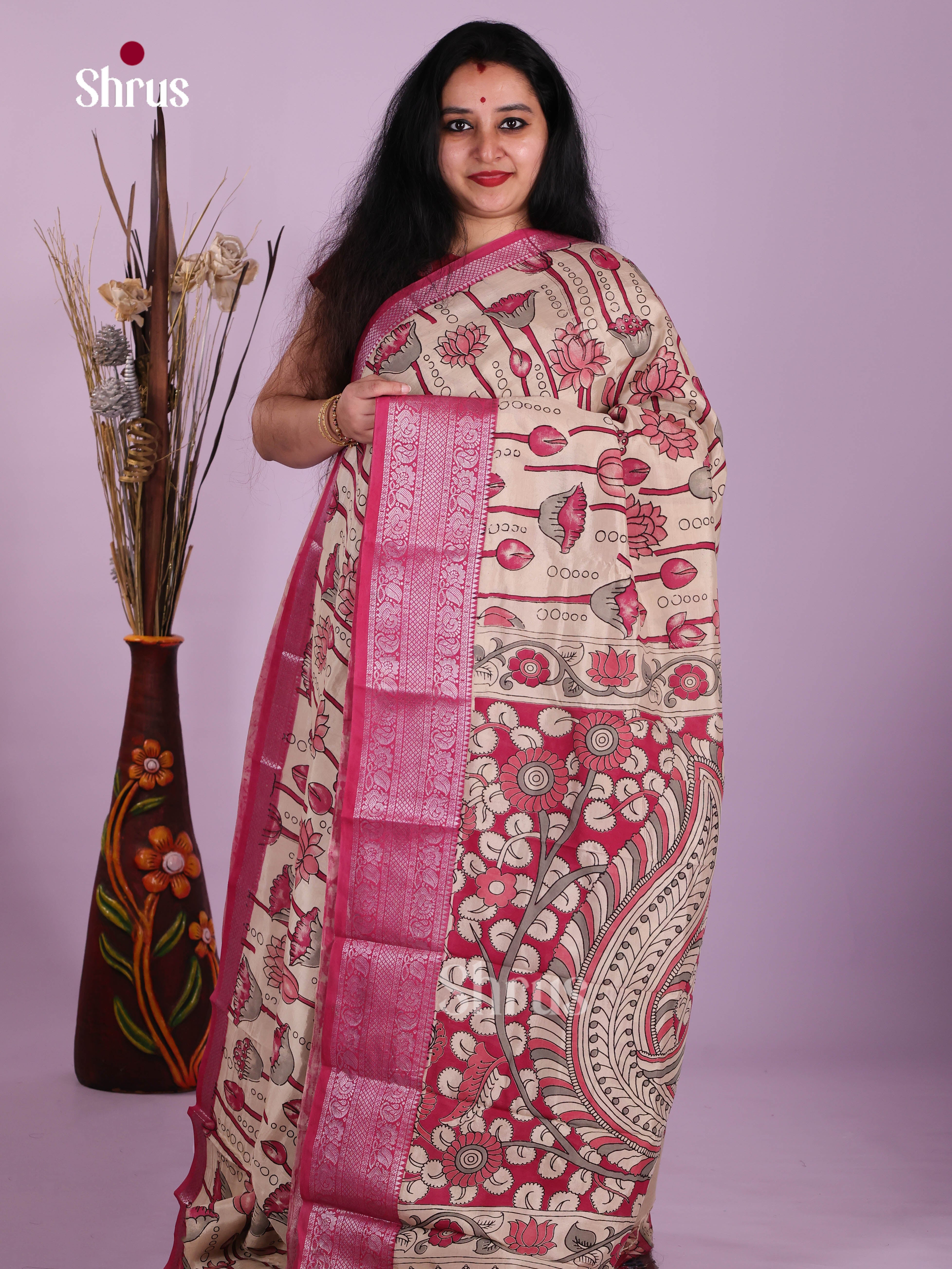 Cream & Pink - Mangalagiri silkcotton Saree
