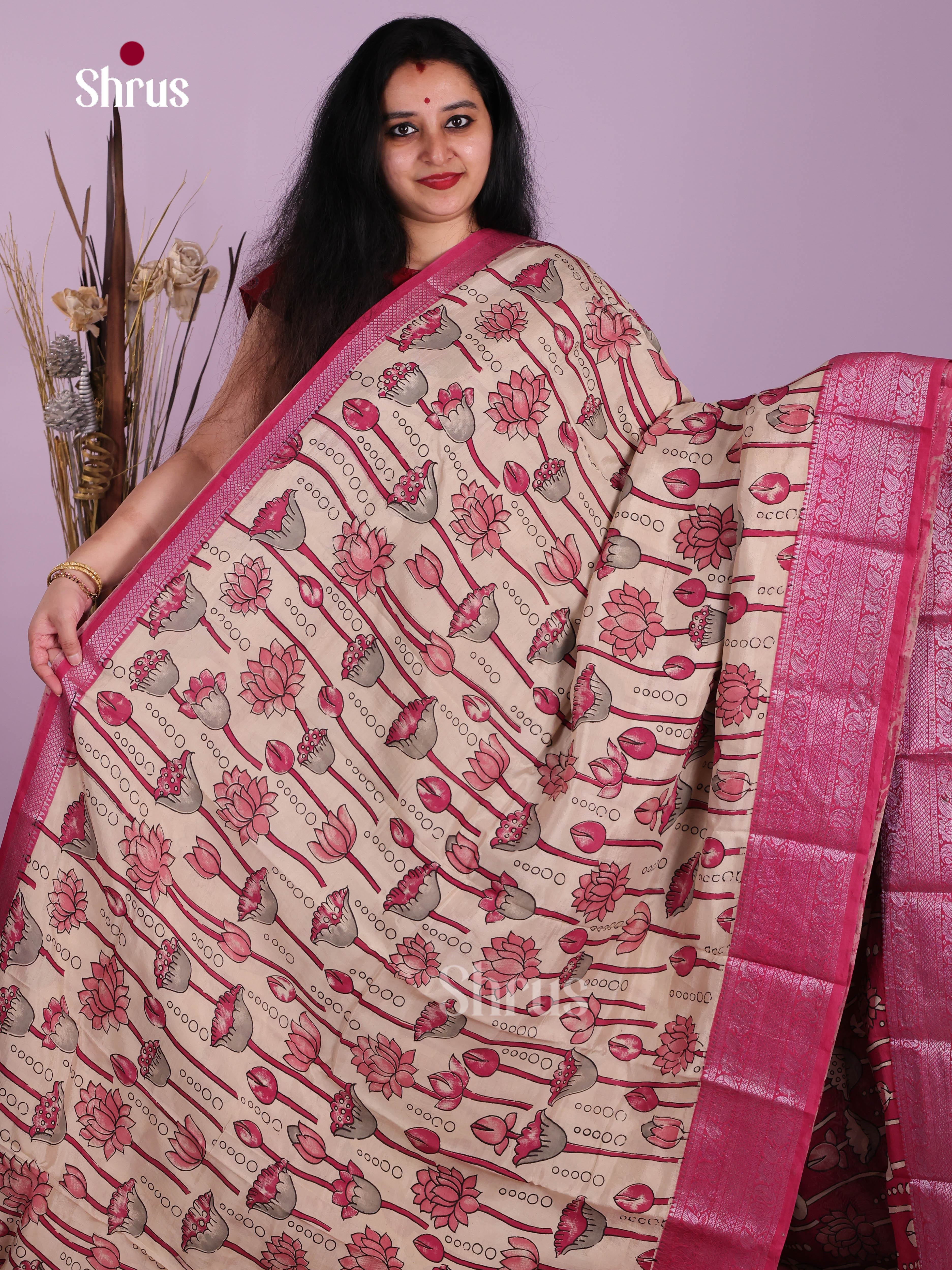 Cream & Pink - Mangalagiri silkcotton Saree