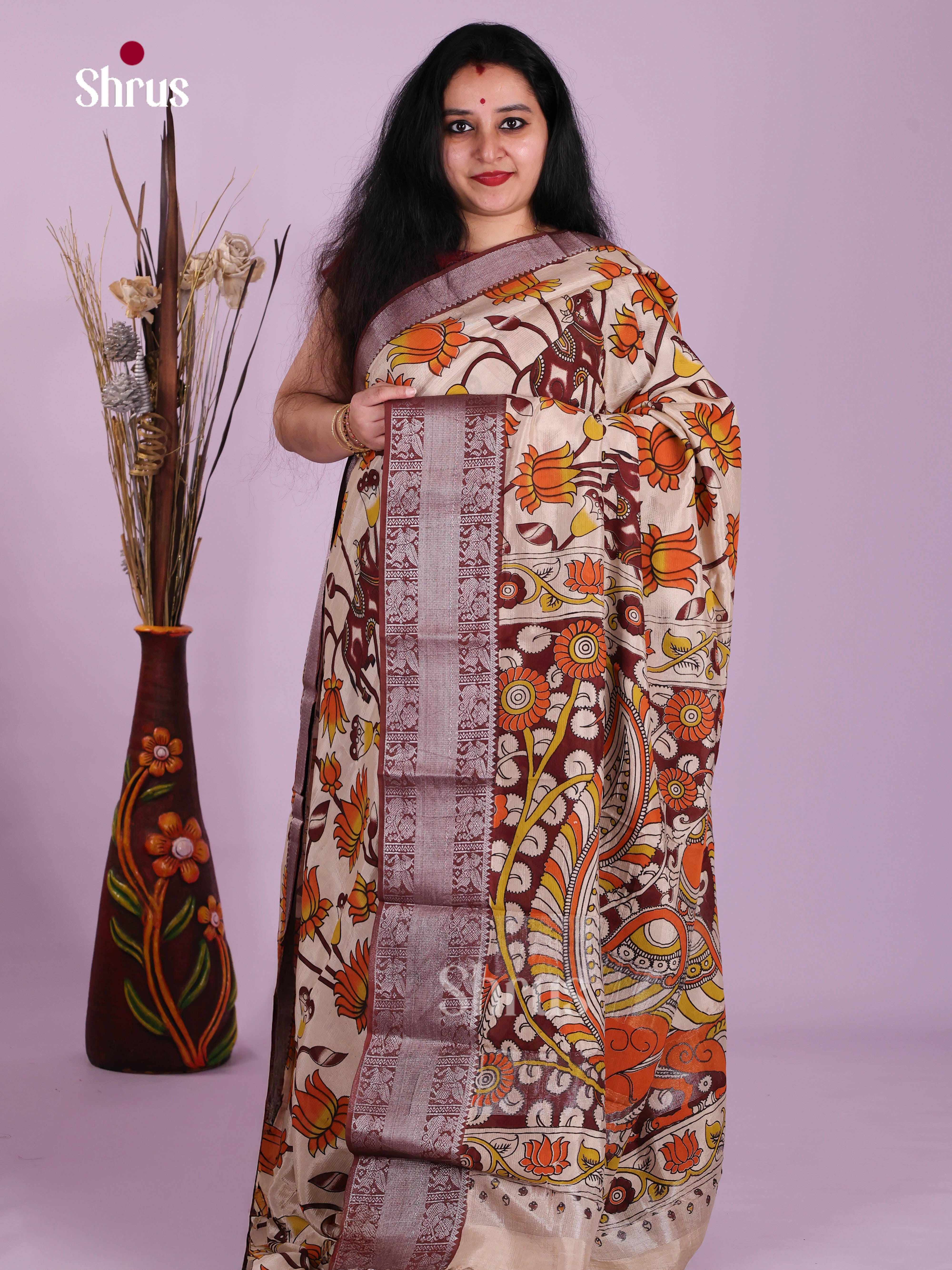 Cream  & Maroon - Mangalagiri silkcotton Saree