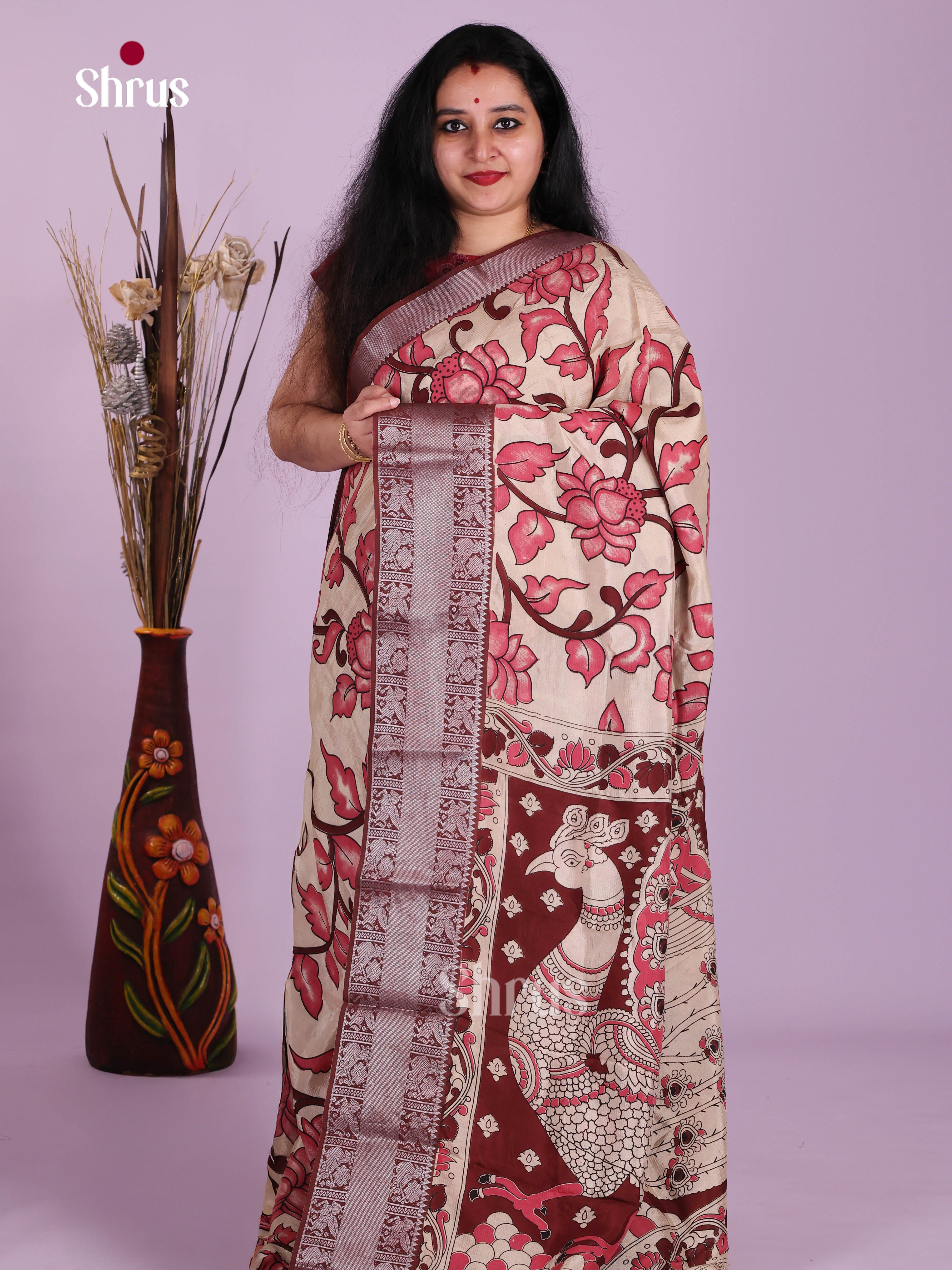 Cream & Maroon - Mangalagiri silkcotton Saree
