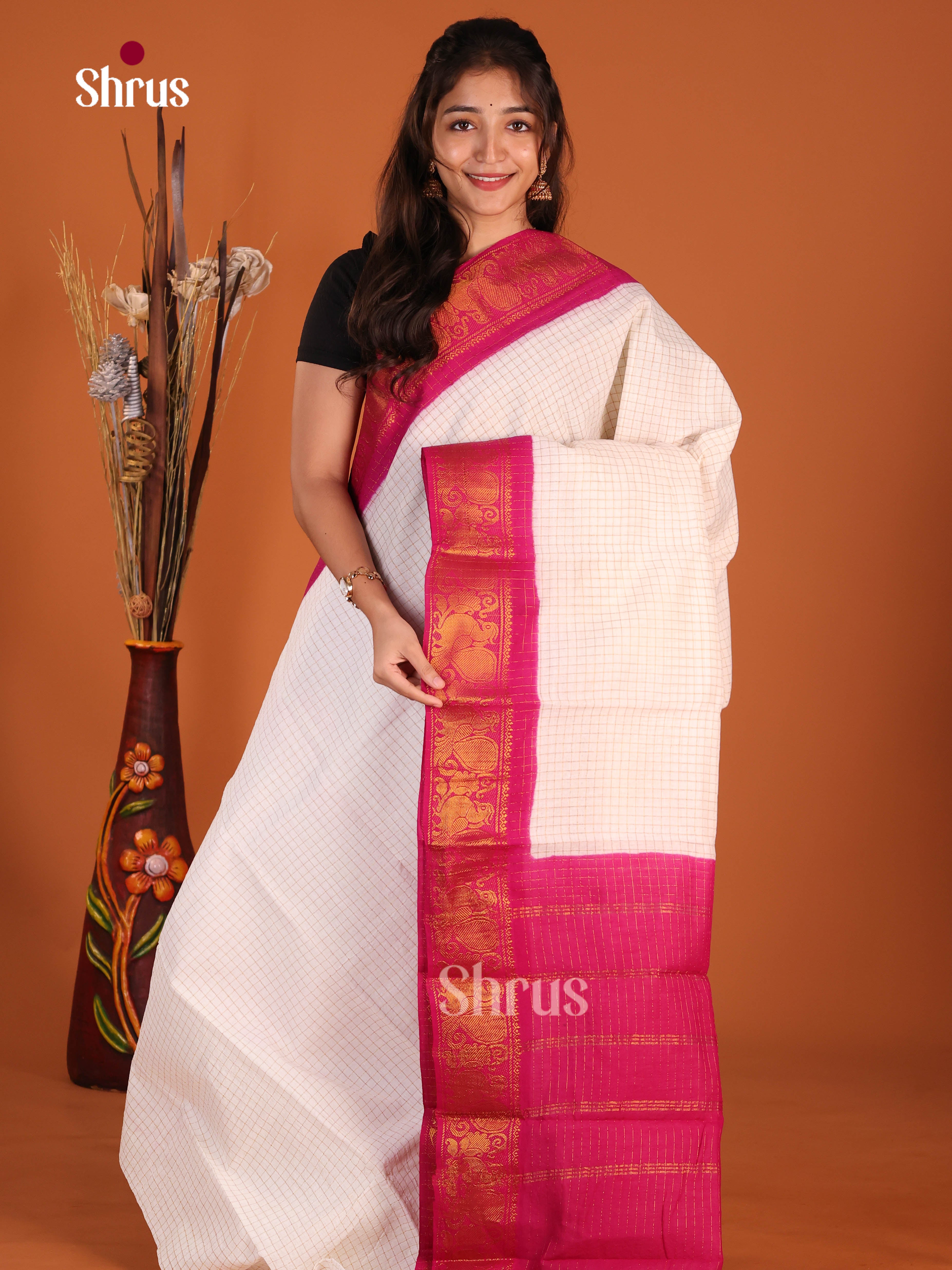 Cream & Pink - Sungudi Cotton Saree