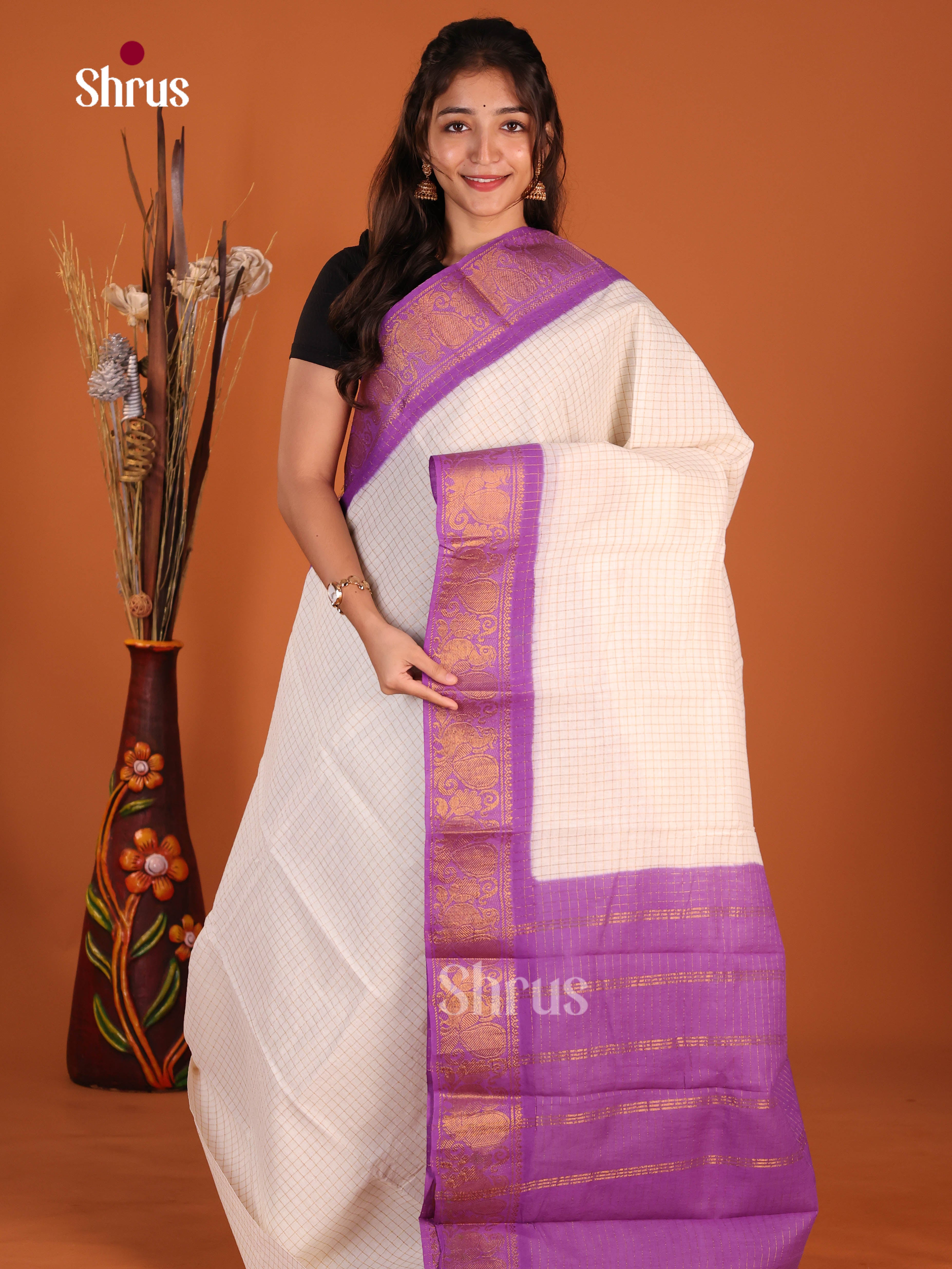 Cream & Purple- Sungudi Cotton Saree - Shop on Shrus.com